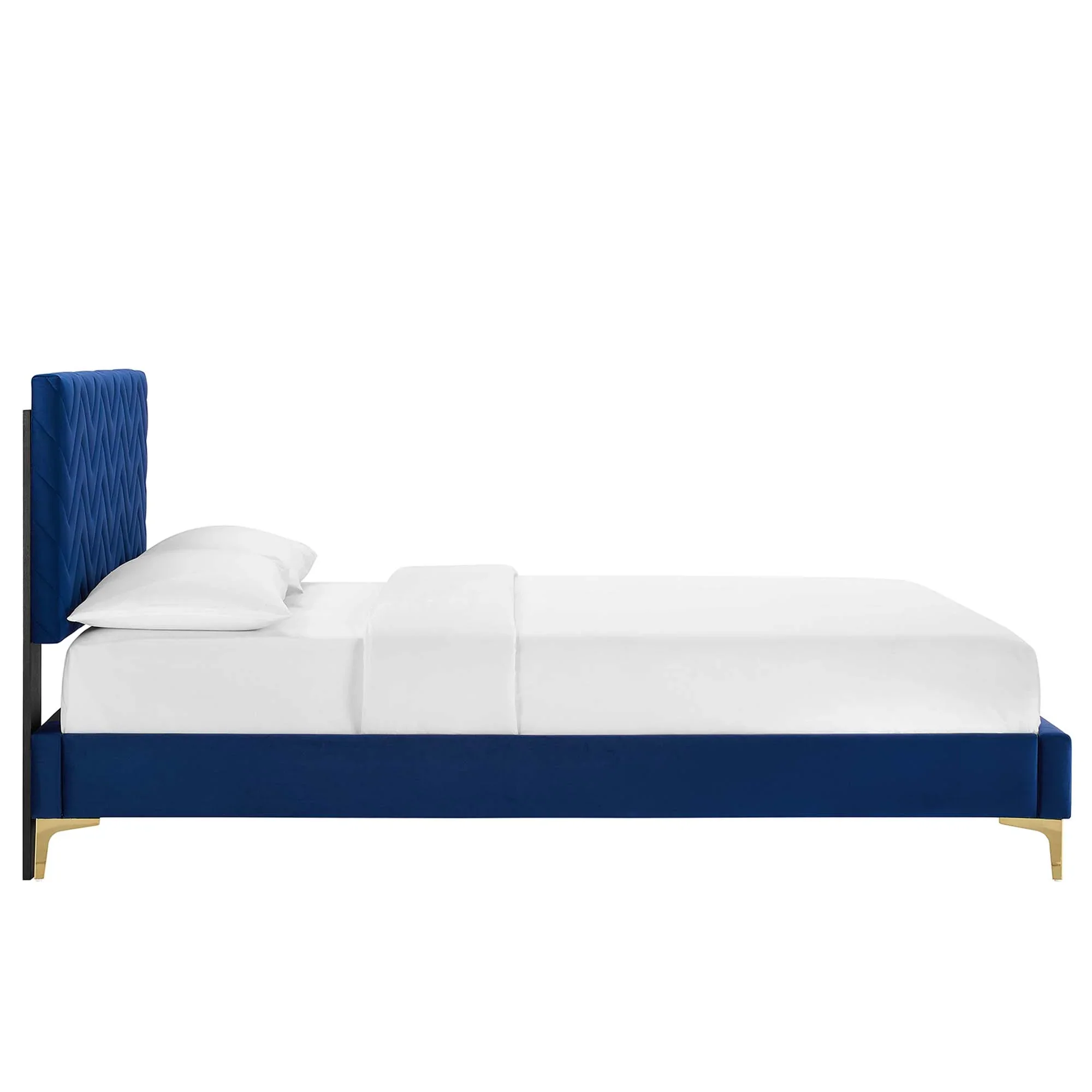 Leah Chevron Tufted Performance Velvet Platform Bed With Gold Metal Legs - Image 4