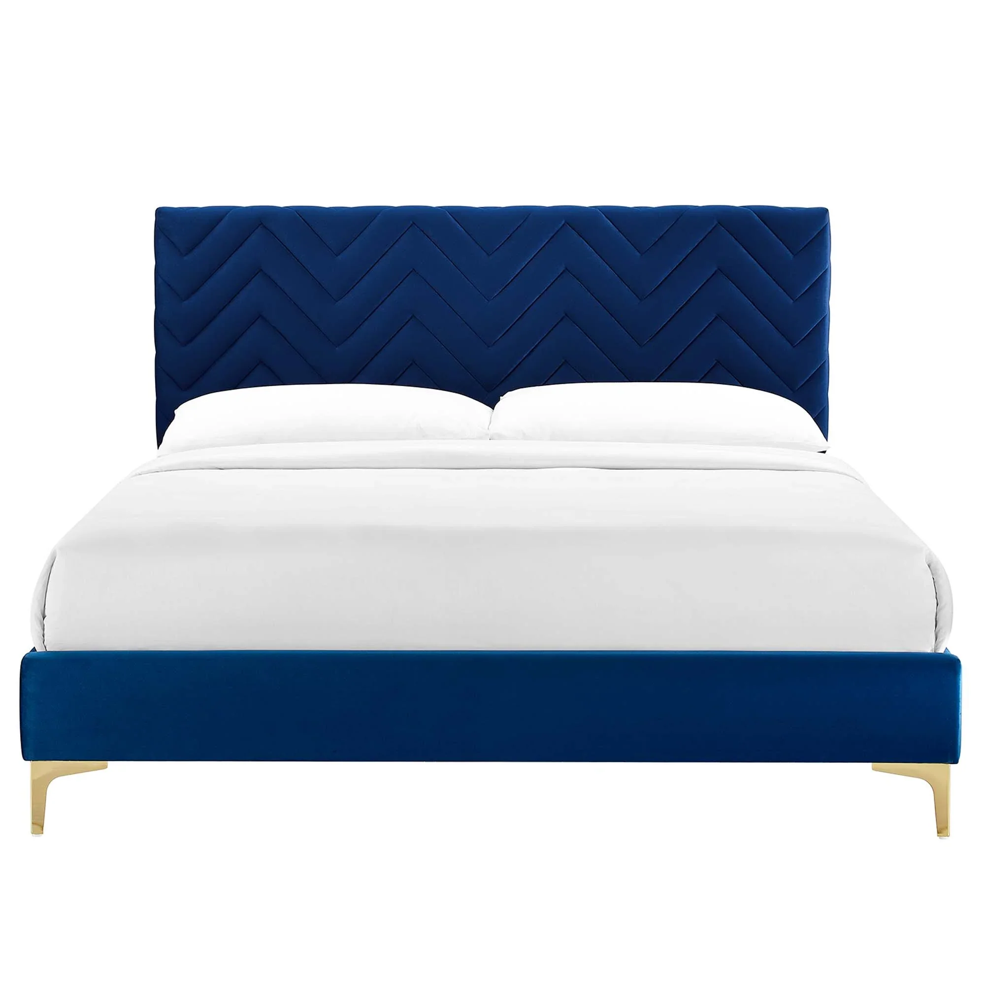 Leah Chevron Tufted Performance Velvet Platform Bed With Gold Metal Legs - Image 5