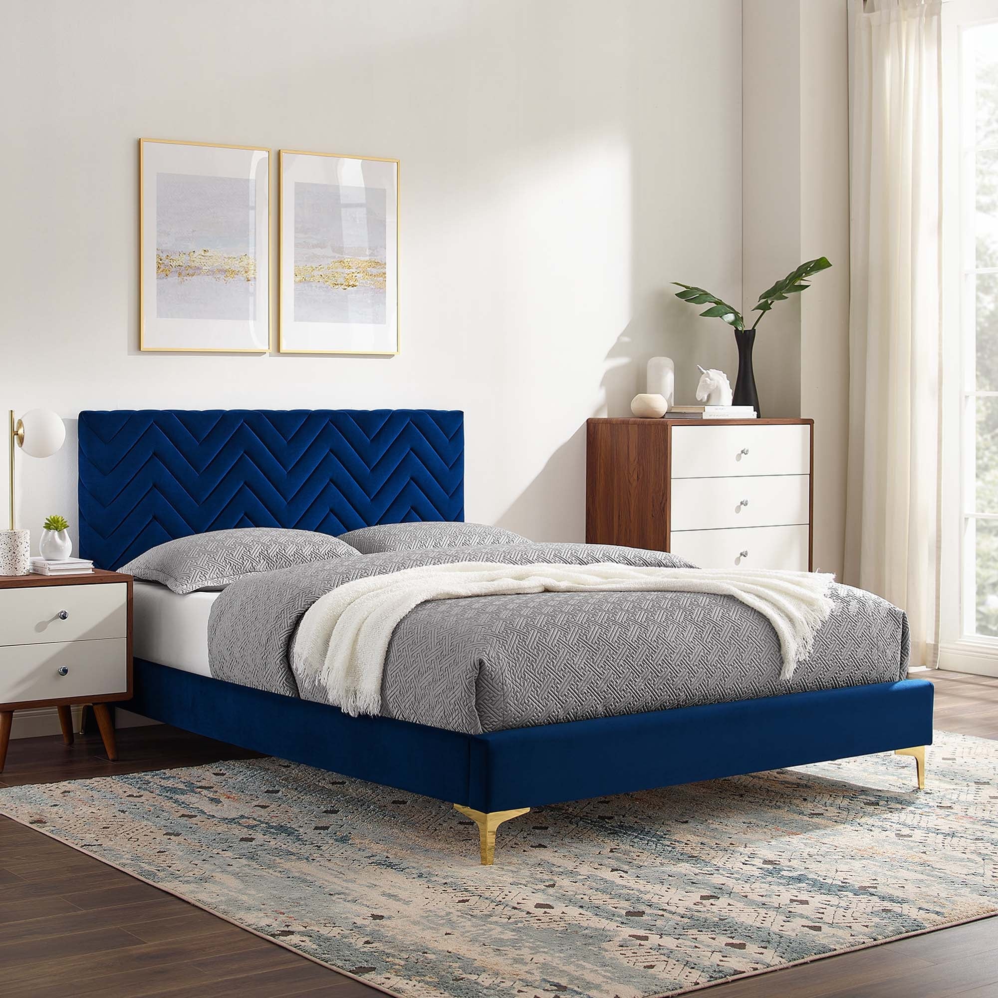 Leah Chevron Tufted Performance Velvet Platform Bed With Gold Metal Legs - Image 7
