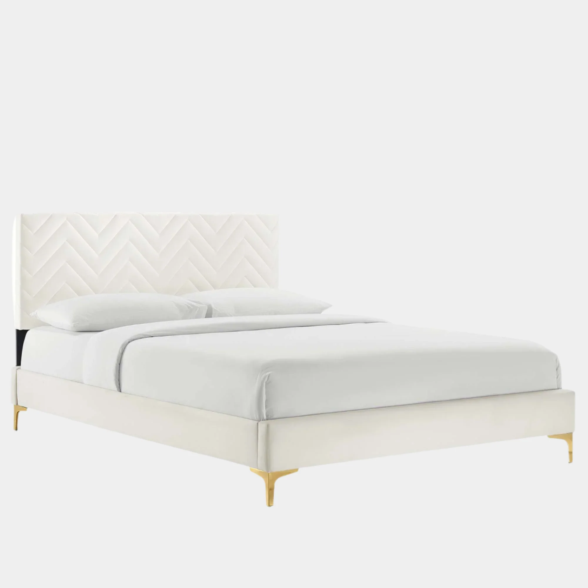 Leah Chevron Tufted Performance Velvet Platform Bed With Gold Metal Legs - Image 8