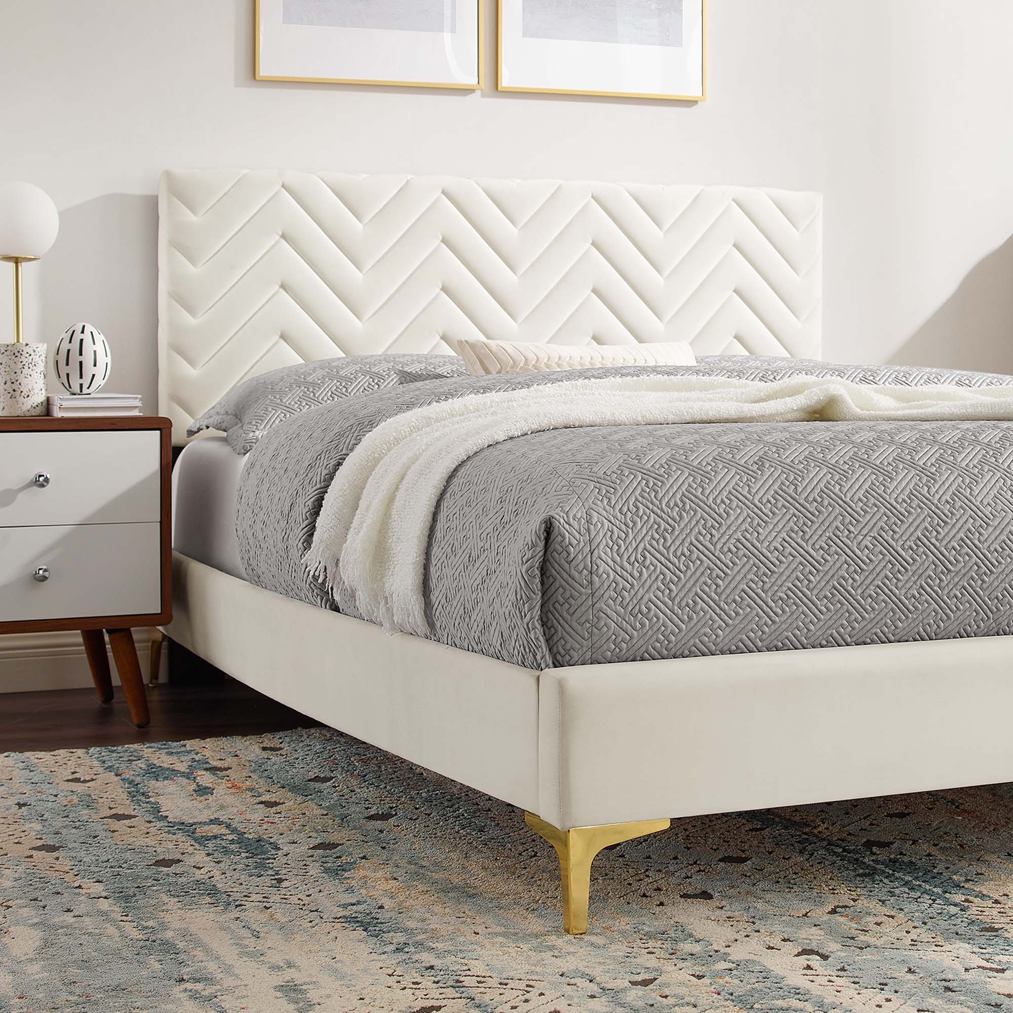 Leah Chevron Tufted Performance Velvet Platform Bed With Gold Metal Legs - Image 9
