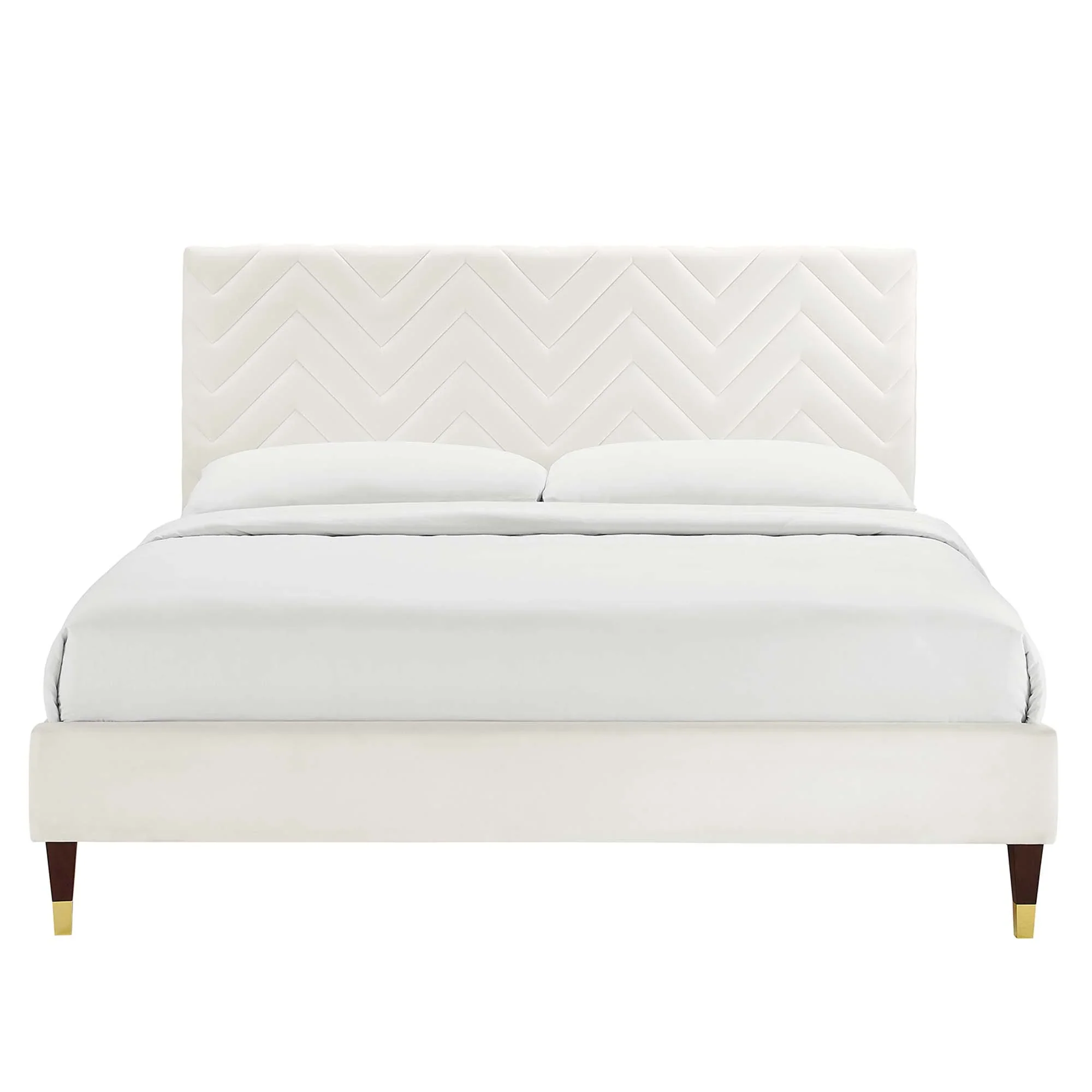 Leah Chevron Tufted Performance Velvet Platform Bed With Wood and Gold Legs - Image 3
