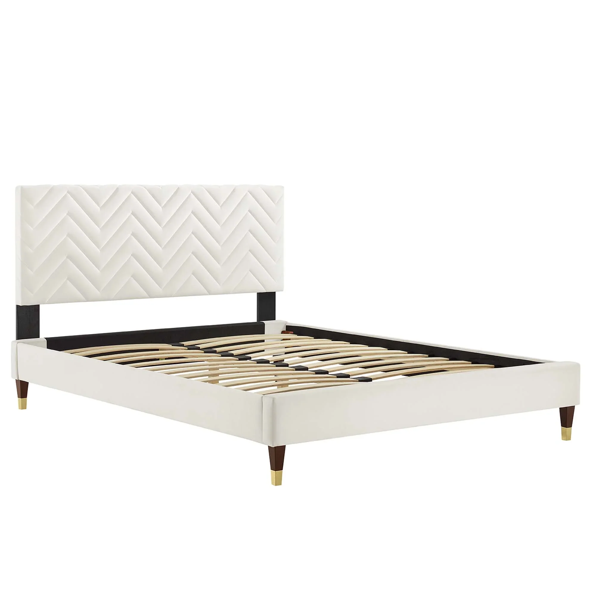 Leah Chevron Tufted Performance Velvet Platform Bed With Wood and Gold Legs - Image 4