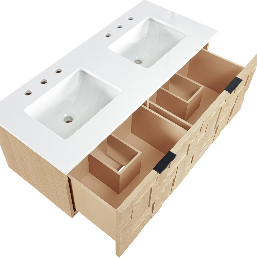 Leonardo White Engineered Stone And Solid Wood Wall Mounted Bathroom Vanity - Image 105