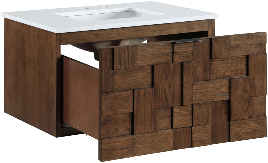 Leonardo White Engineered Stone And Solid Wood Wall Mounted Bathroom Vanity - Image 37