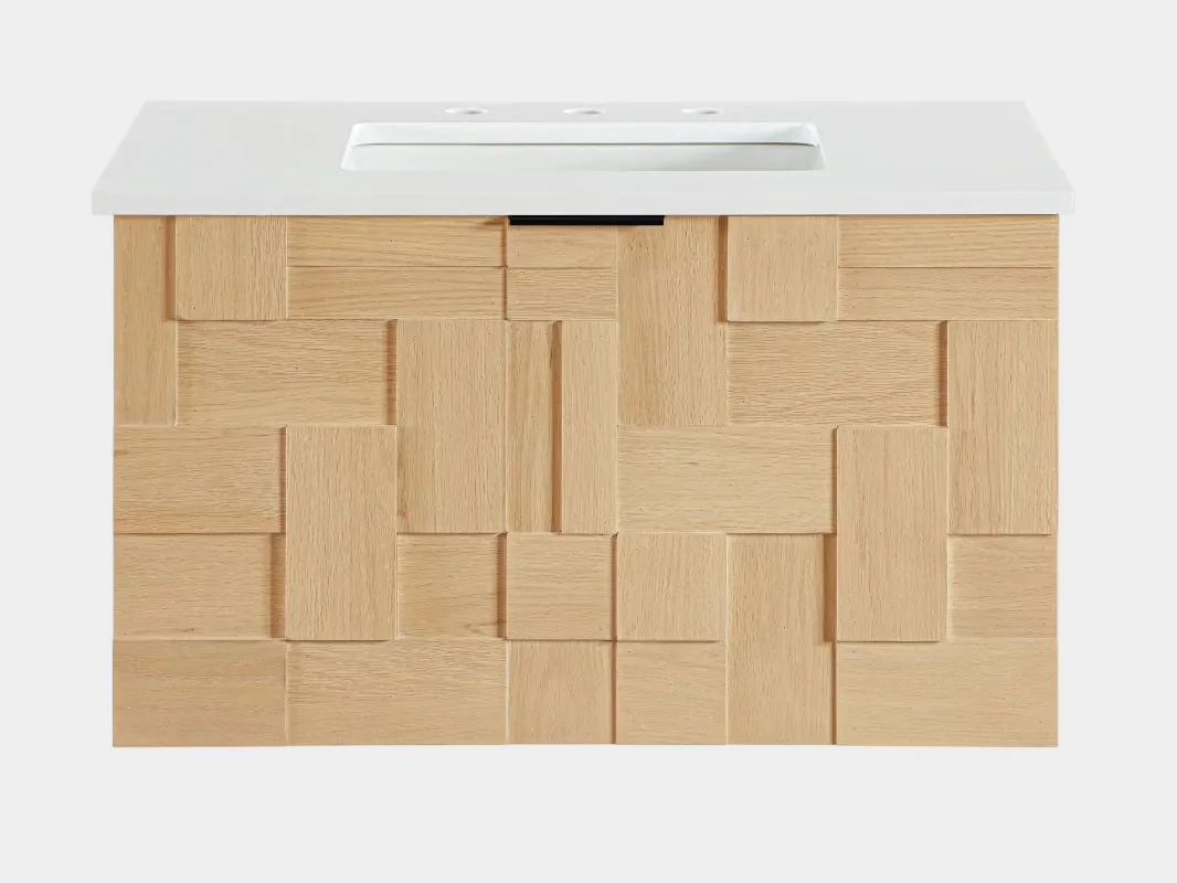 Leonardo White Engineered Stone And Solid Wood Wall Mounted Bathroom Vanity - Image 45