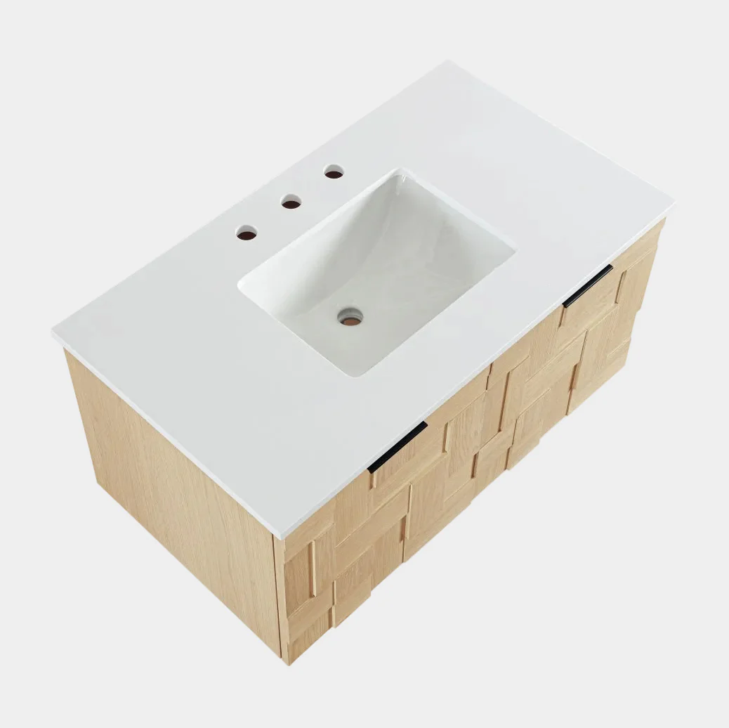 Leonardo White Engineered Stone And Solid Wood Wall Mounted Bathroom Vanity - Image 70