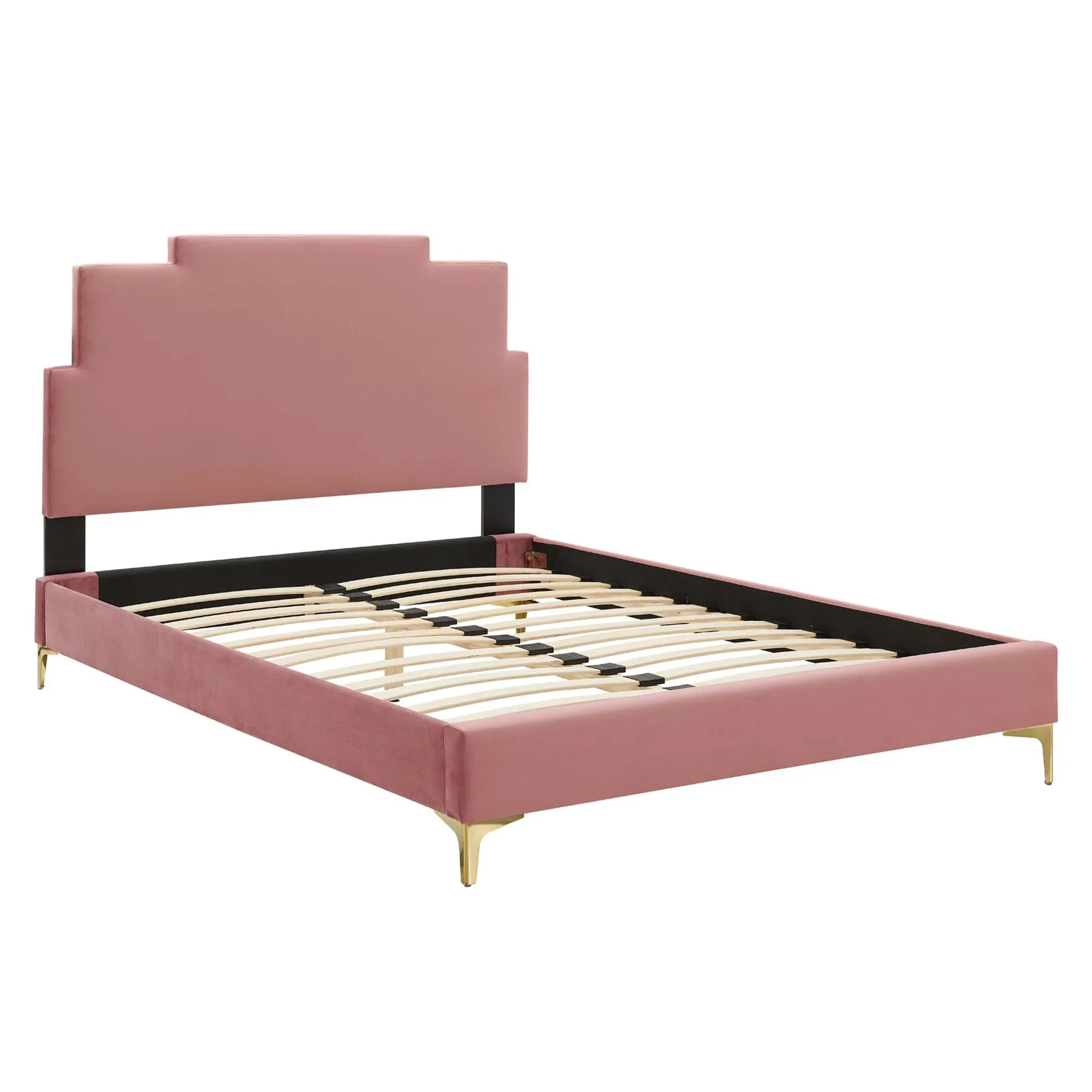 Lindsey Performance Velvet Platform Bed With Gold Metal Legs - Image 8