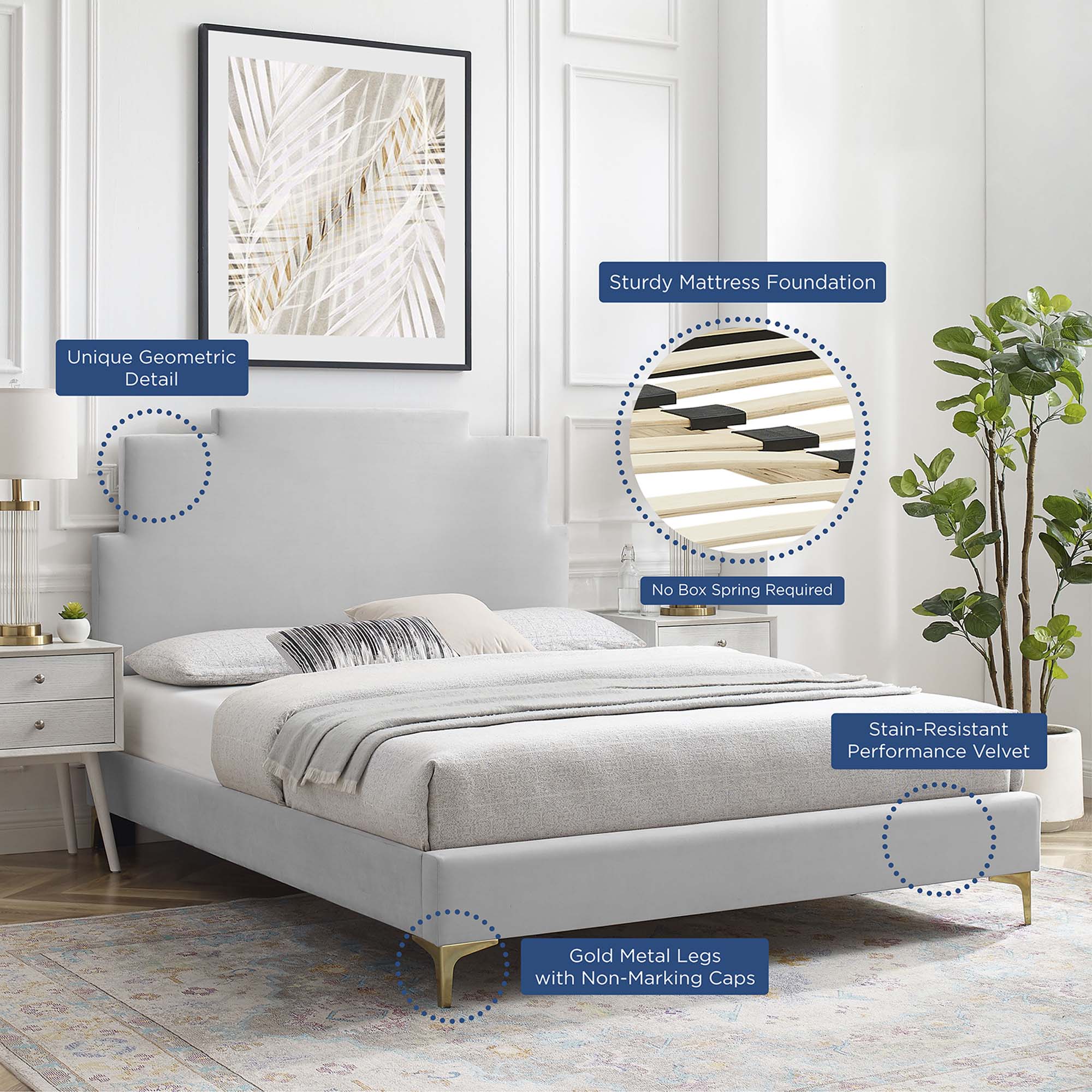 Lindsey Performance Velvet Platform Bed With Gold Metal Legs - Image 10