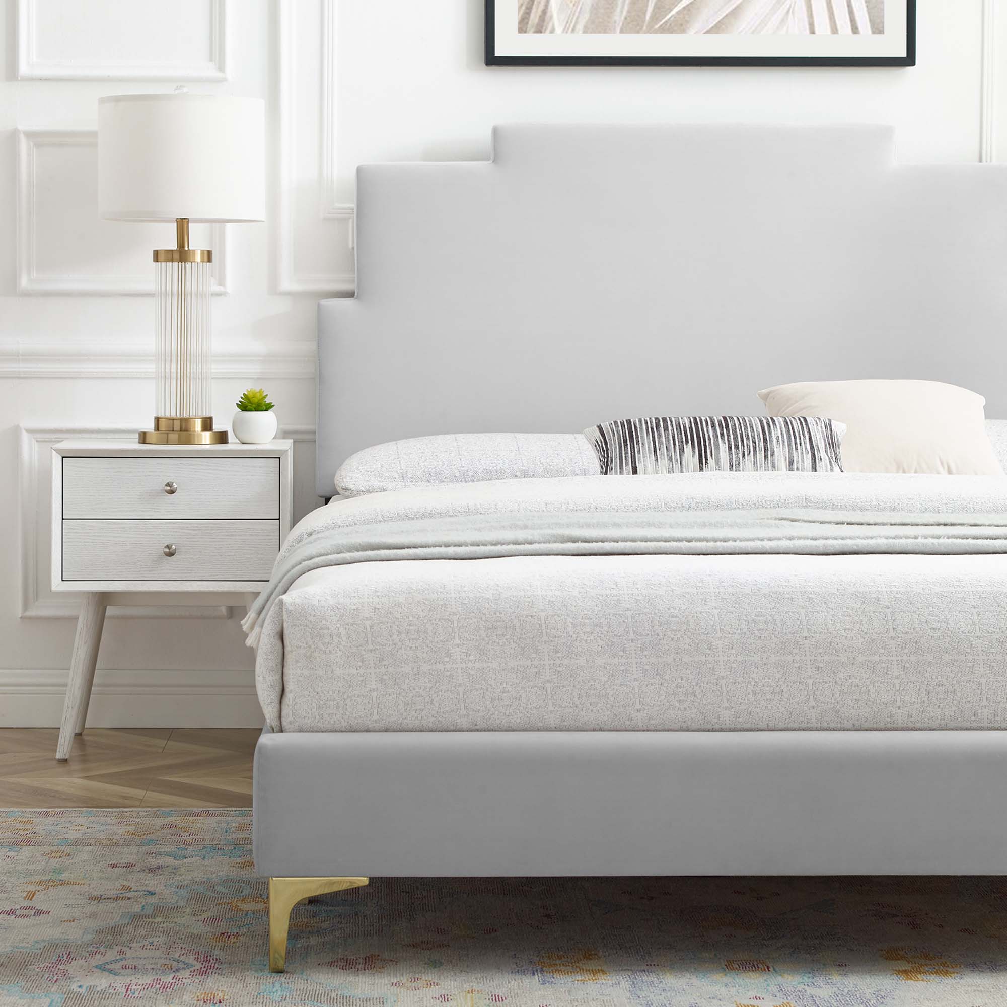 Lindsey Performance Velvet Platform Bed With Gold Metal Legs - Image 11