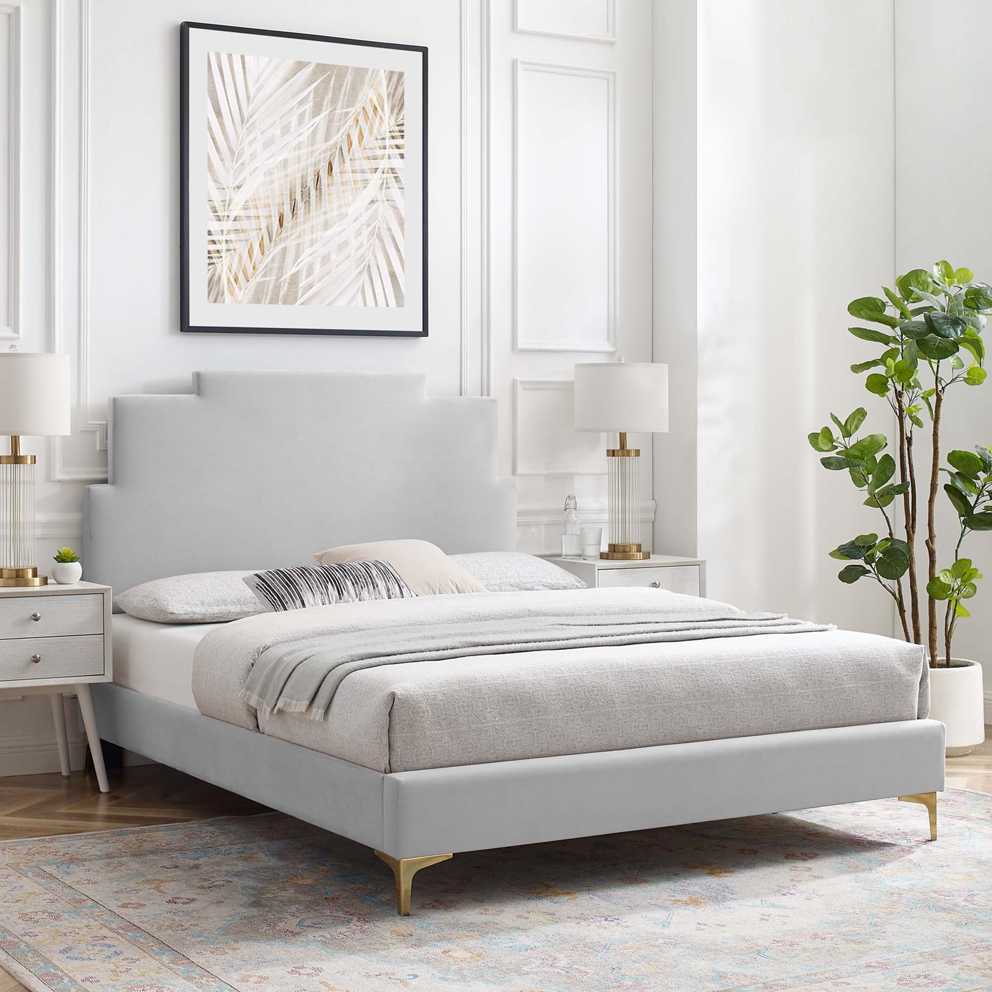 Lindsey Performance Velvet Platform Bed With Gold Metal Legs - Image 12