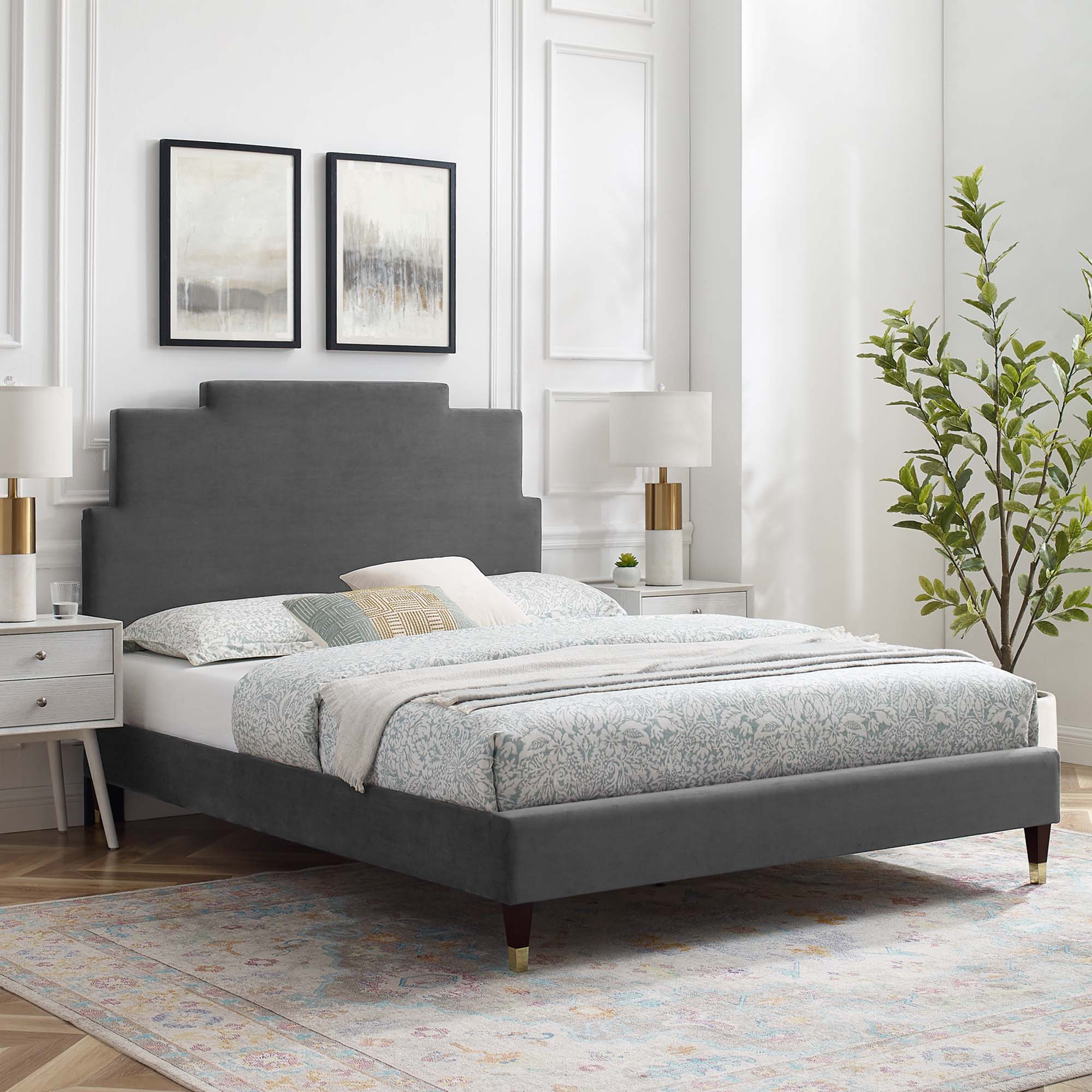 Lindsey Performance Velvet Platform Bed With Wood and Gold Legs - Image 13