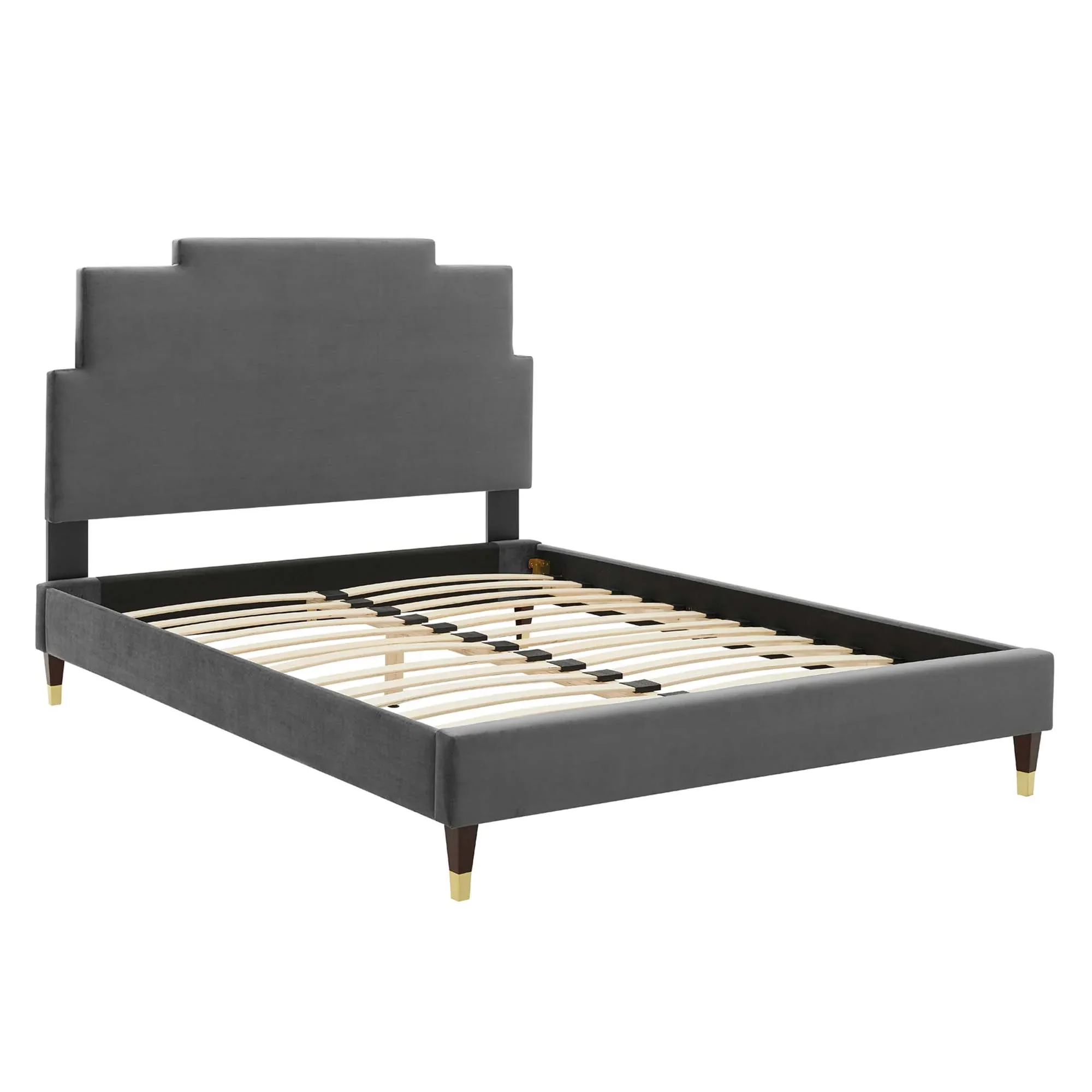 Lindsey Performance Velvet Platform Bed With Wood and Gold Legs - Image 8
