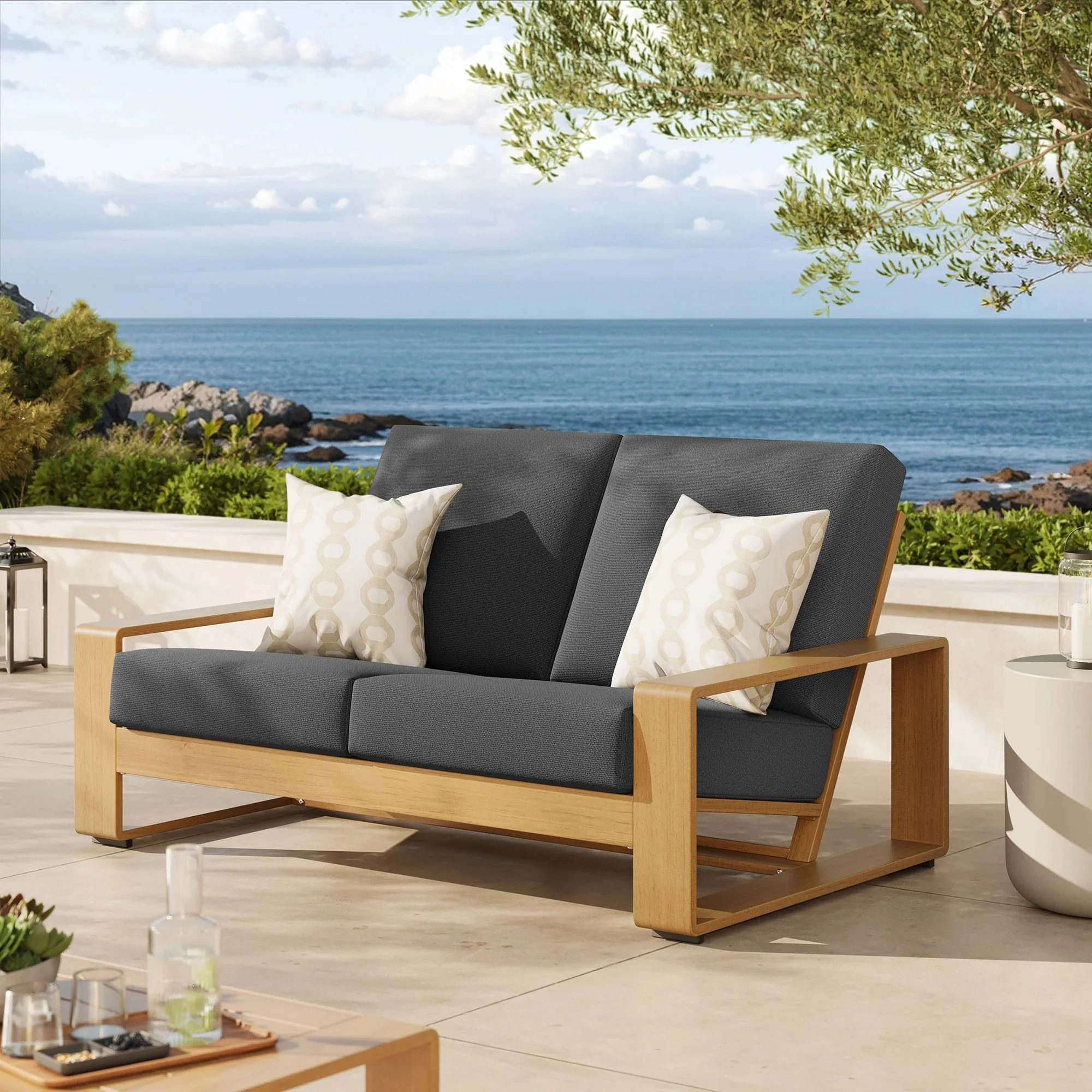 Lirienne Outdoor Patio Aluminum Faux Wood Loveseat - Image 11