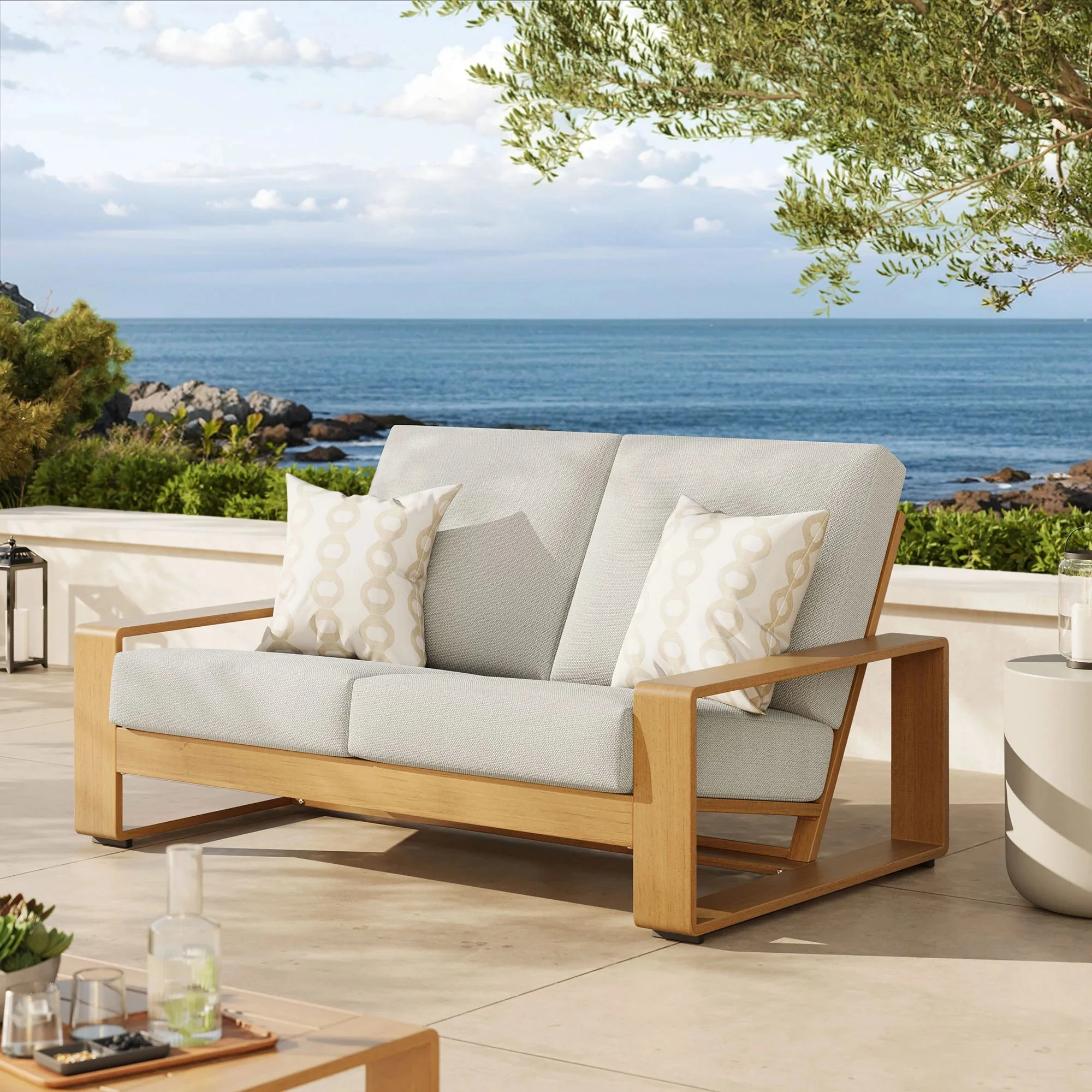 Lirienne Outdoor Patio Aluminum Faux Wood Loveseat - Image 2