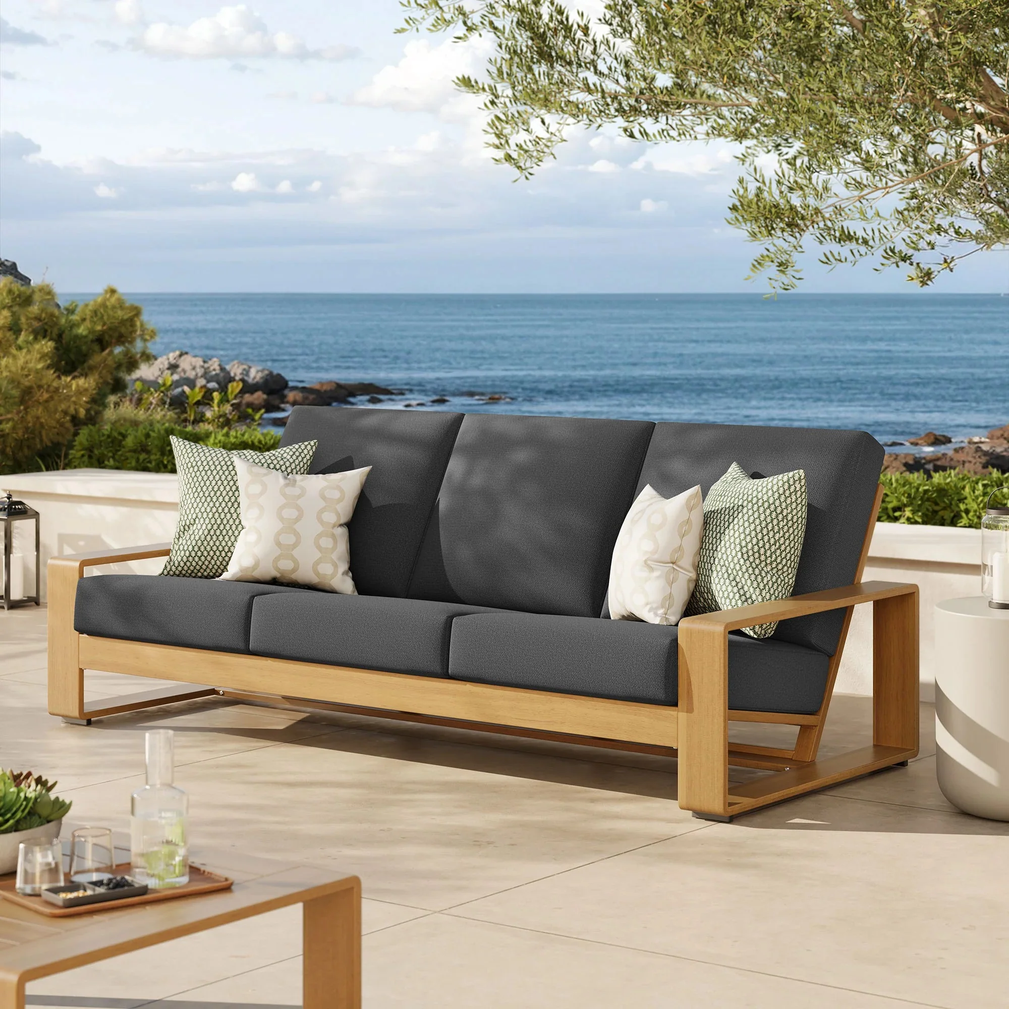 Lirienne Outdoor Patio Aluminum Faux Wood Sofa - Image 11