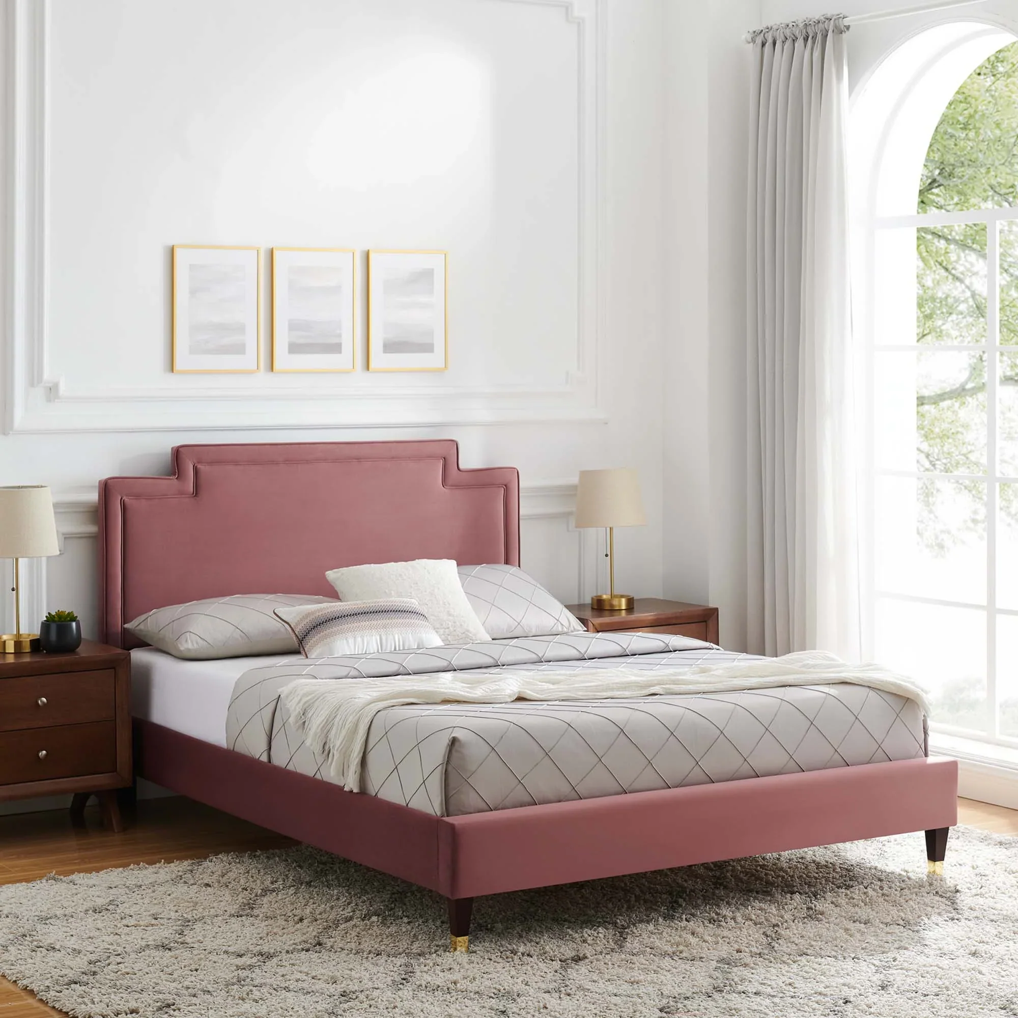Liva Performance Velvet Bed With Wood and Gold Legs - Image 11
