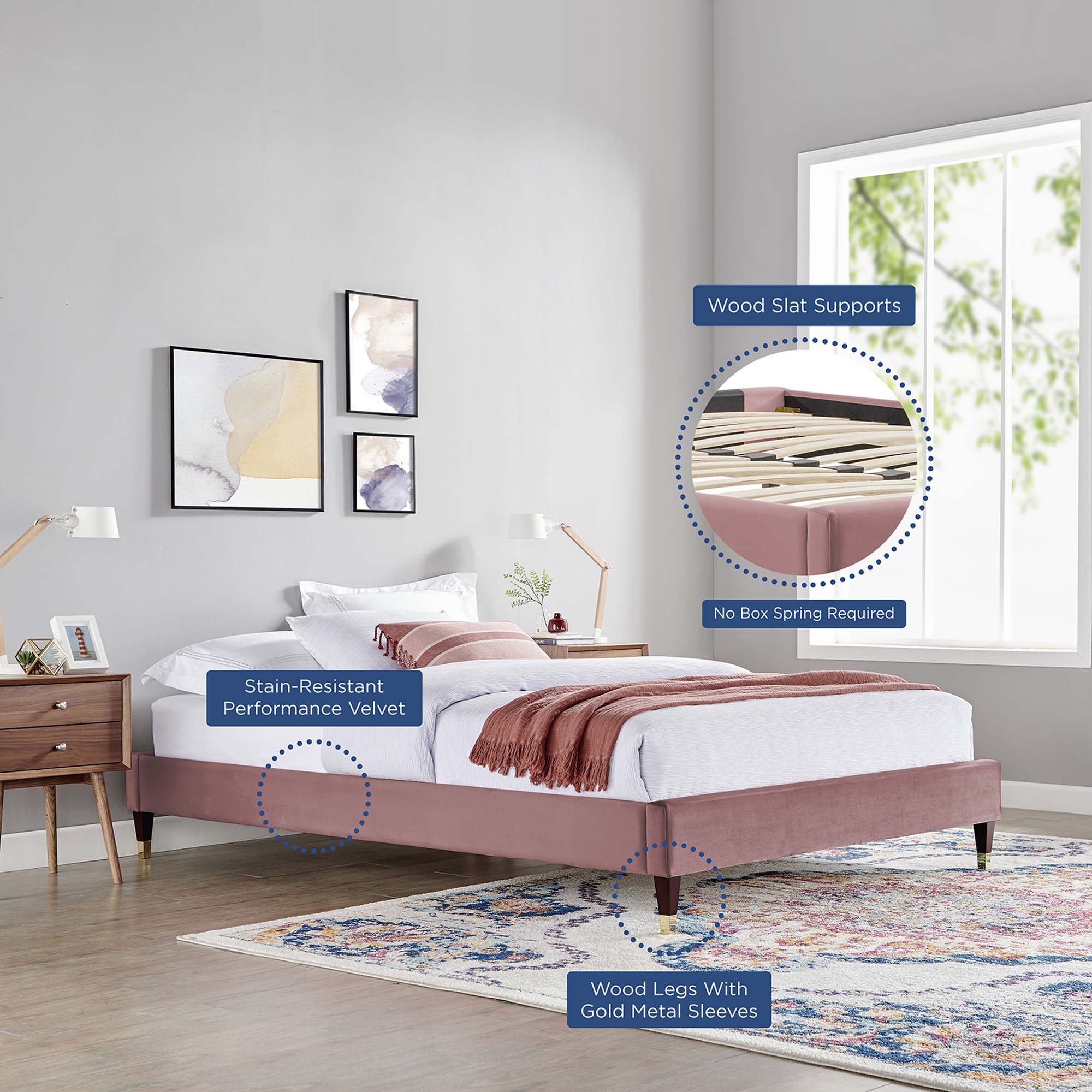 Liva Performance Velvet Bed With Wood and Gold Legs - Image 9