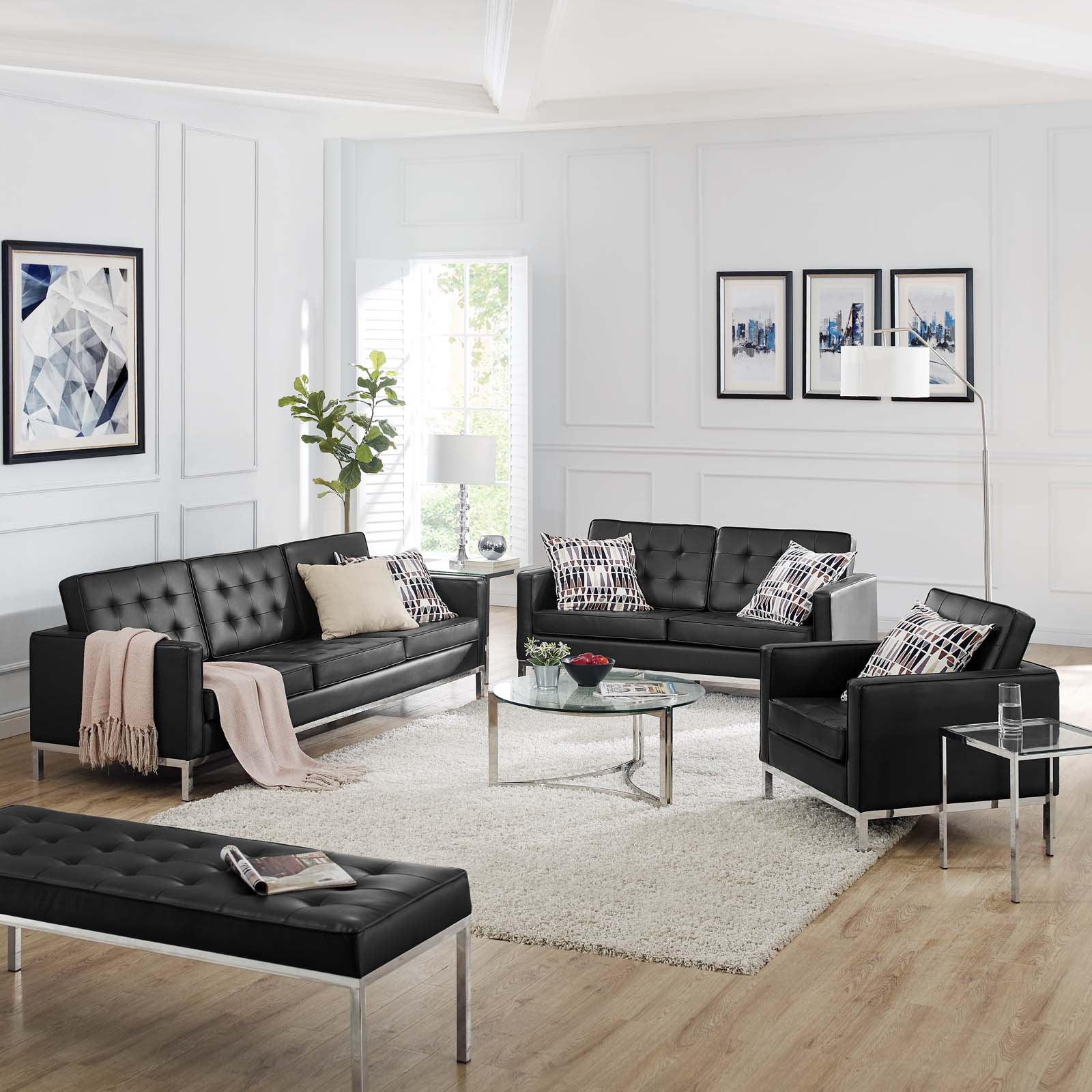 Loft 3 Piece Tufted Upholstered Faux Leather Set - Image 2