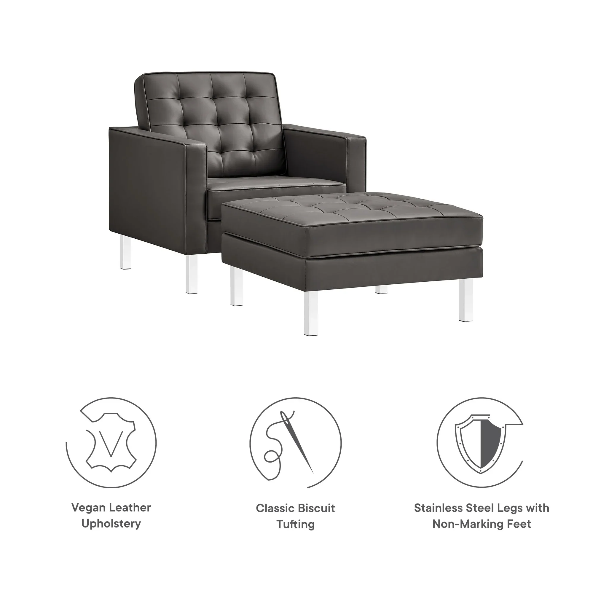 Loft Tufted Vegan Leather Armchair and Ottoman Set - Image 2