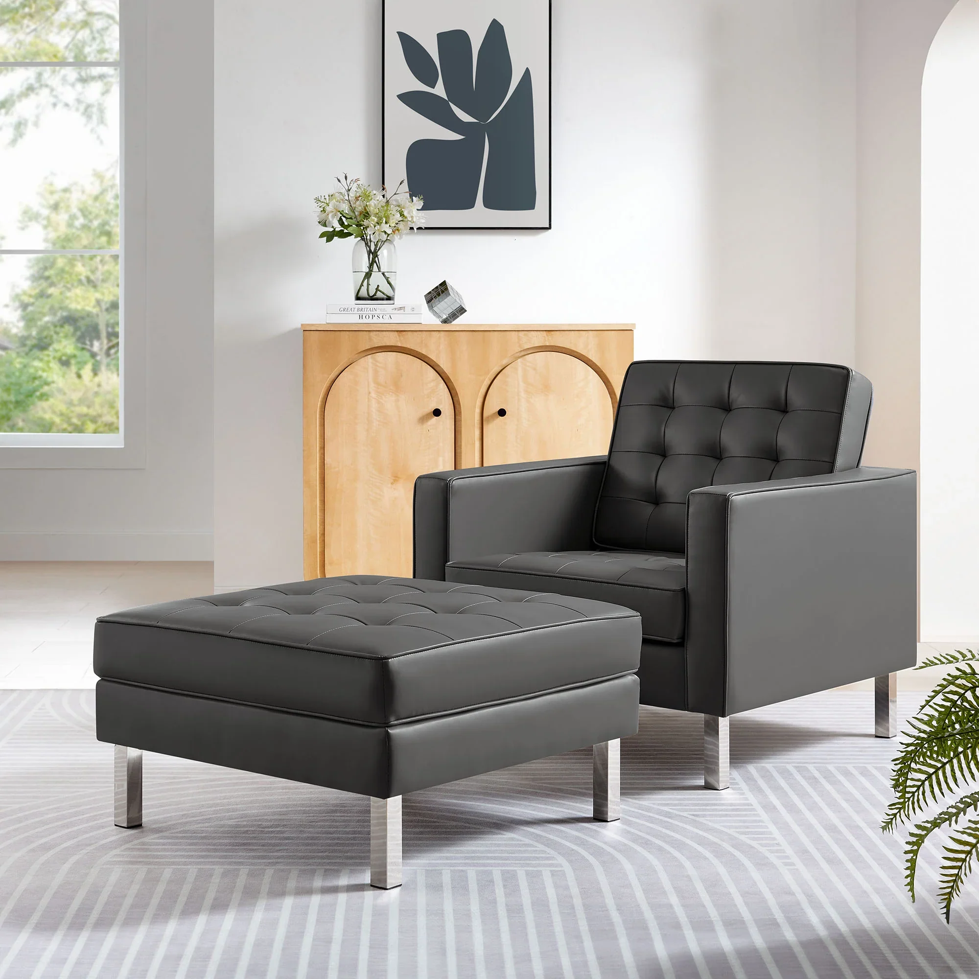 Loft Tufted Vegan Leather Armchair and Ottoman Set - Image 9