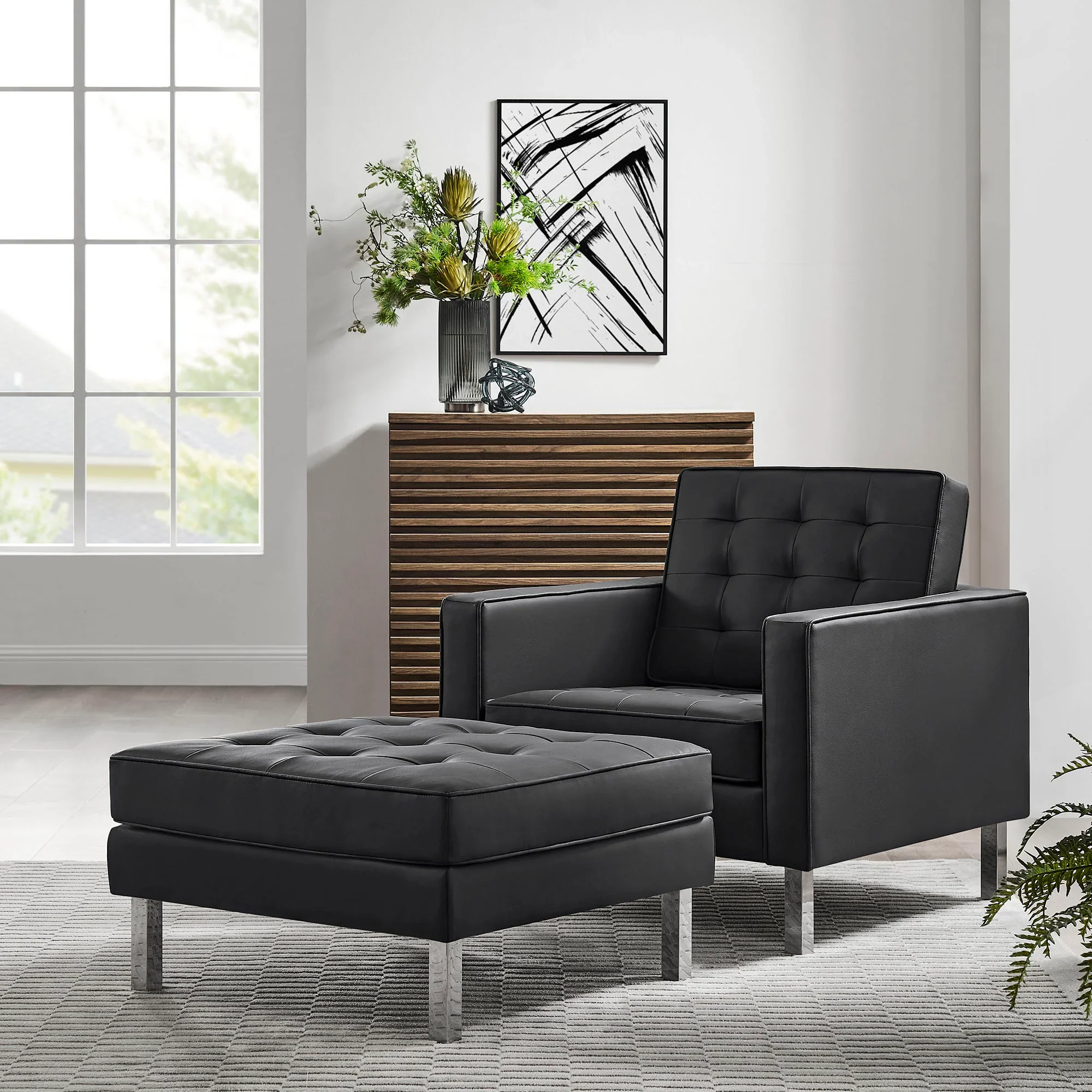 Loft Tufted Vegan Leather Armchair and Ottoman Set - Image 2