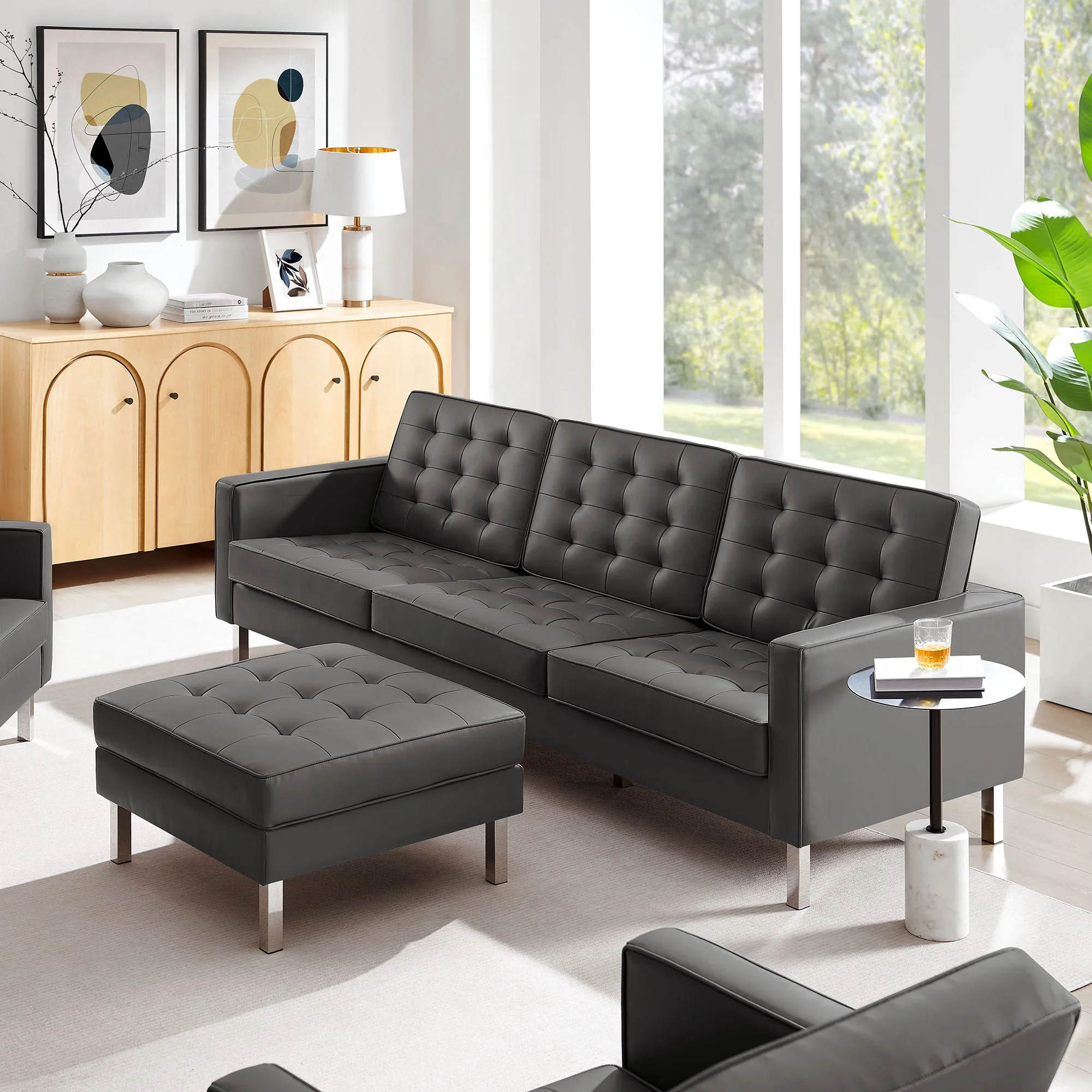 Loft Tufted Vegan Leather Sofa and Ottoman Set in Silver Gray - Image 2