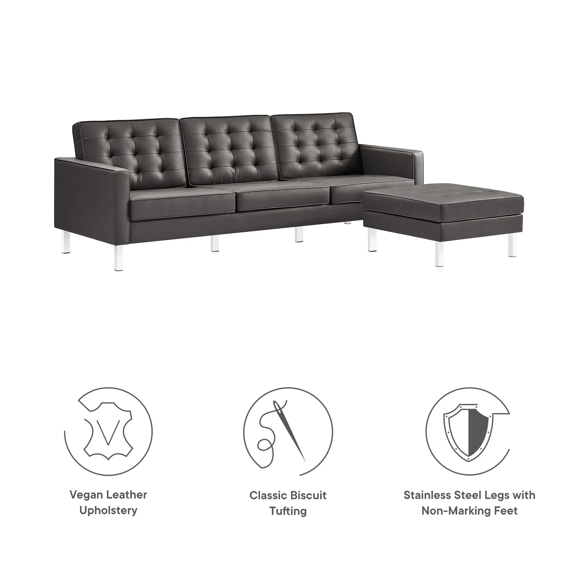 Loft Tufted Vegan Leather Sofa and Ottoman Set in Silver Gray - Image 7