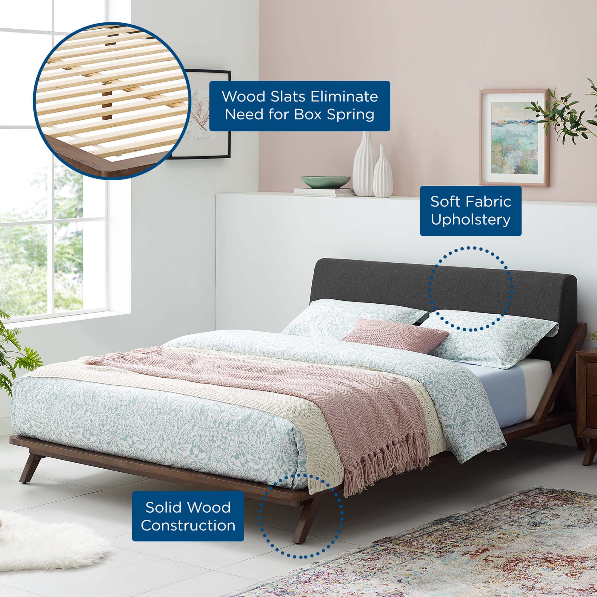 Luella Upholstered Fabric Queen Platform Bed - Image 14