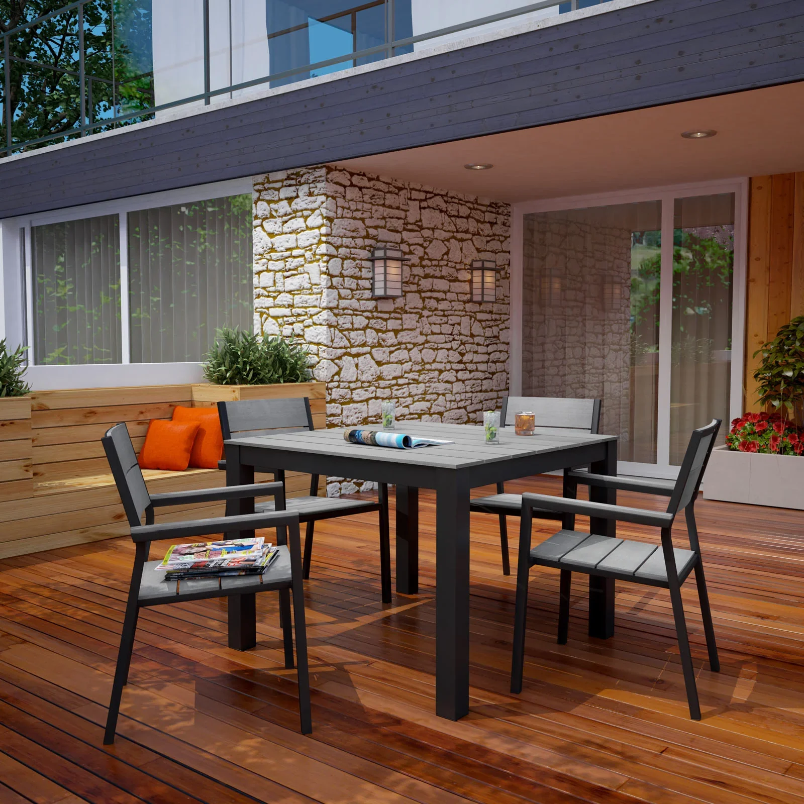 Maine 5 Piece Outdoor Patio Dining Set in Brown Gray - Image 2