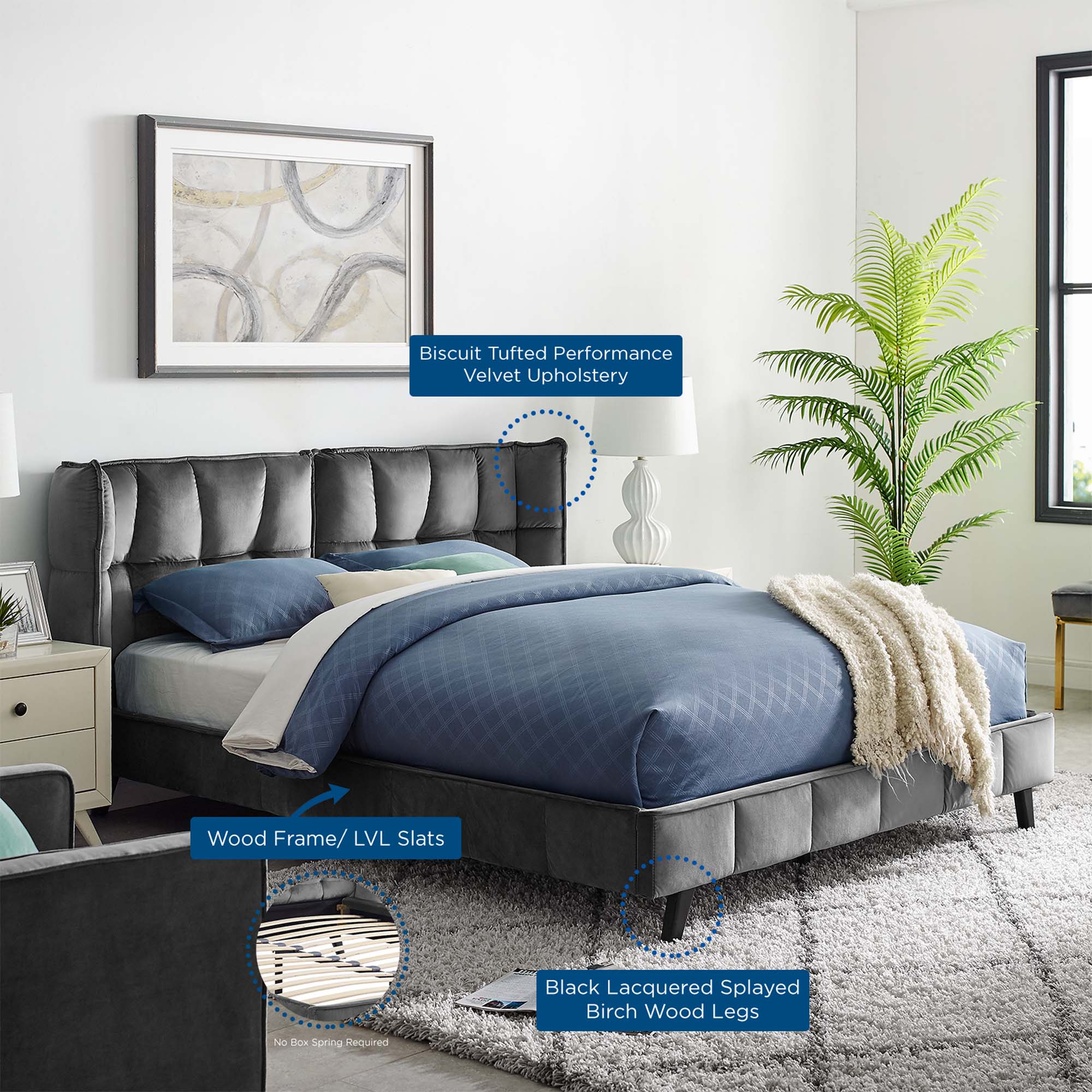Makenna Performance Velvet Queen Platform Bed - Image 3