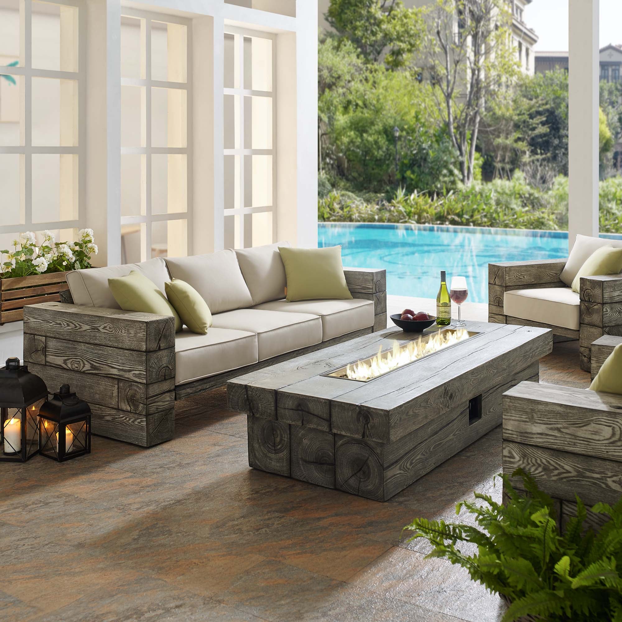 Manteo 3 Piece Rustic Coastal Outdoor Patio Sunbrella® Set in Light Gray Beige - Image 2