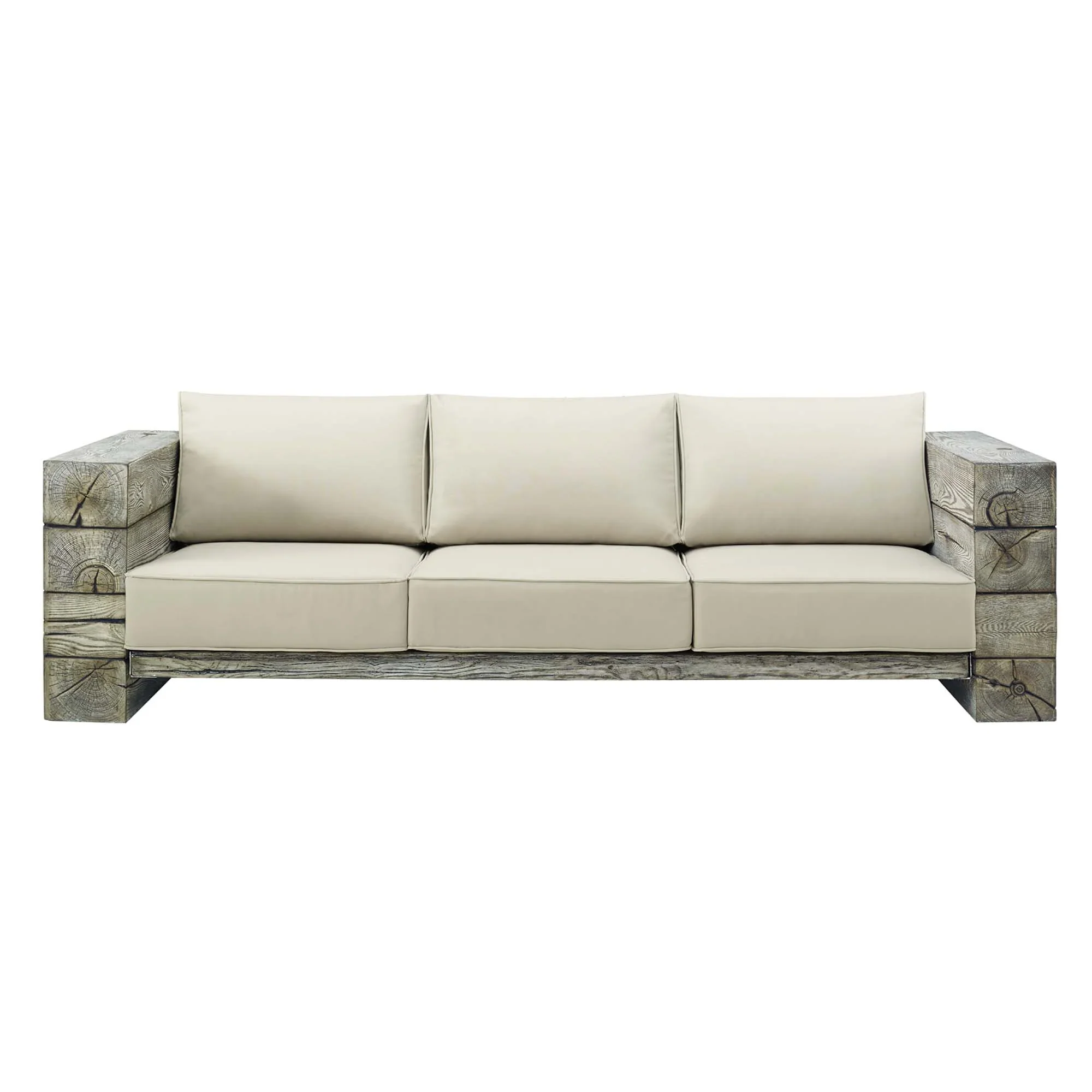 Manteo Rustic Coastal Outdoor Patio Sunbrella®Sofa in Light Gray Beige - Image 3