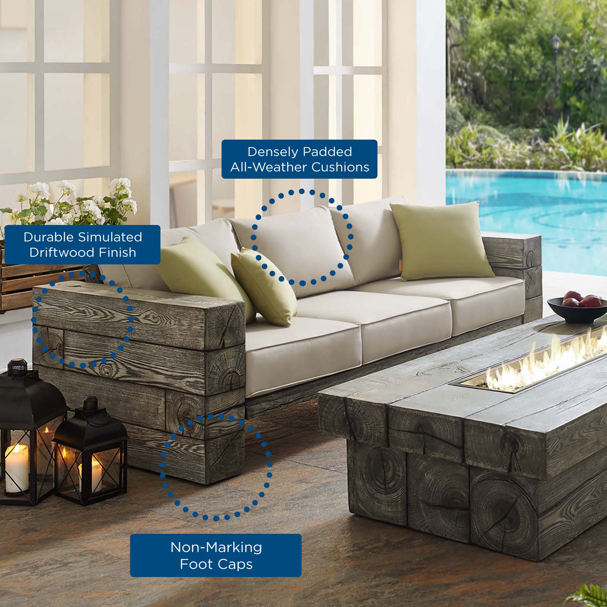 Manteo Rustic Coastal Outdoor Patio Sunbrella®Sofa in Light Gray Beige - Image 6