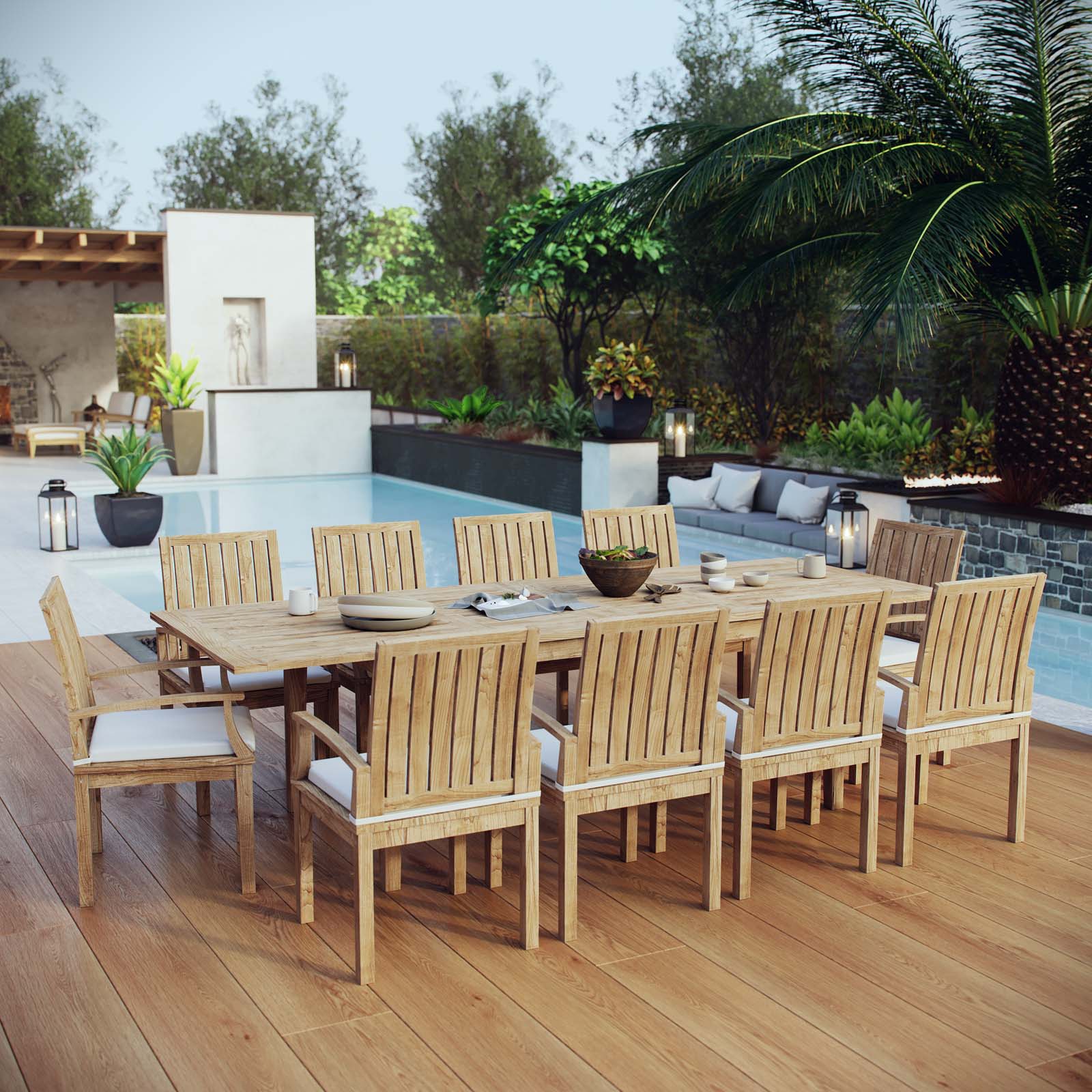 Marina 11 Piece Outdoor Patio Teak Dining Set in Natural White - Image 2