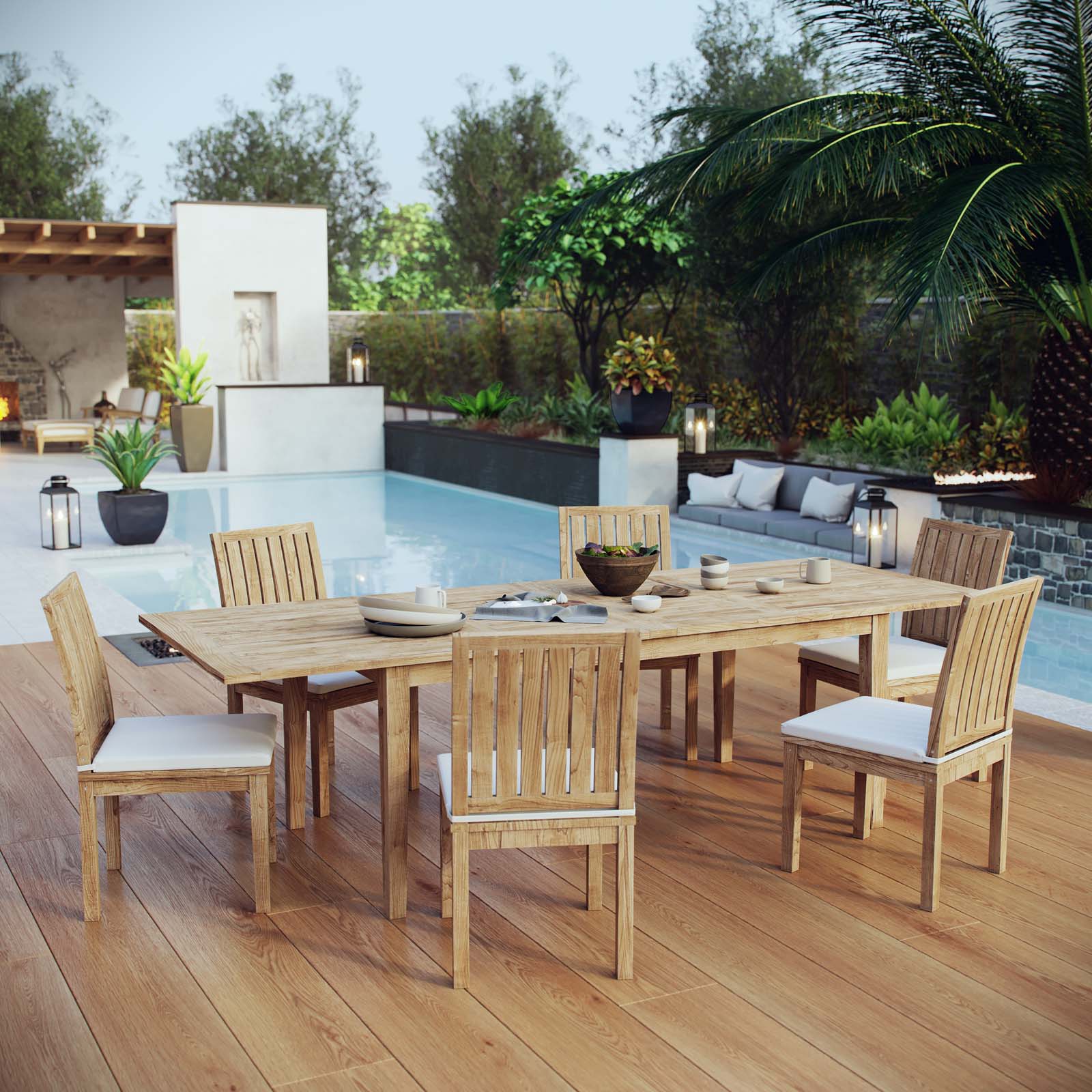 Marina 7 Piece Outdoor Patio Teak Dining Set in Natural White - Image 2