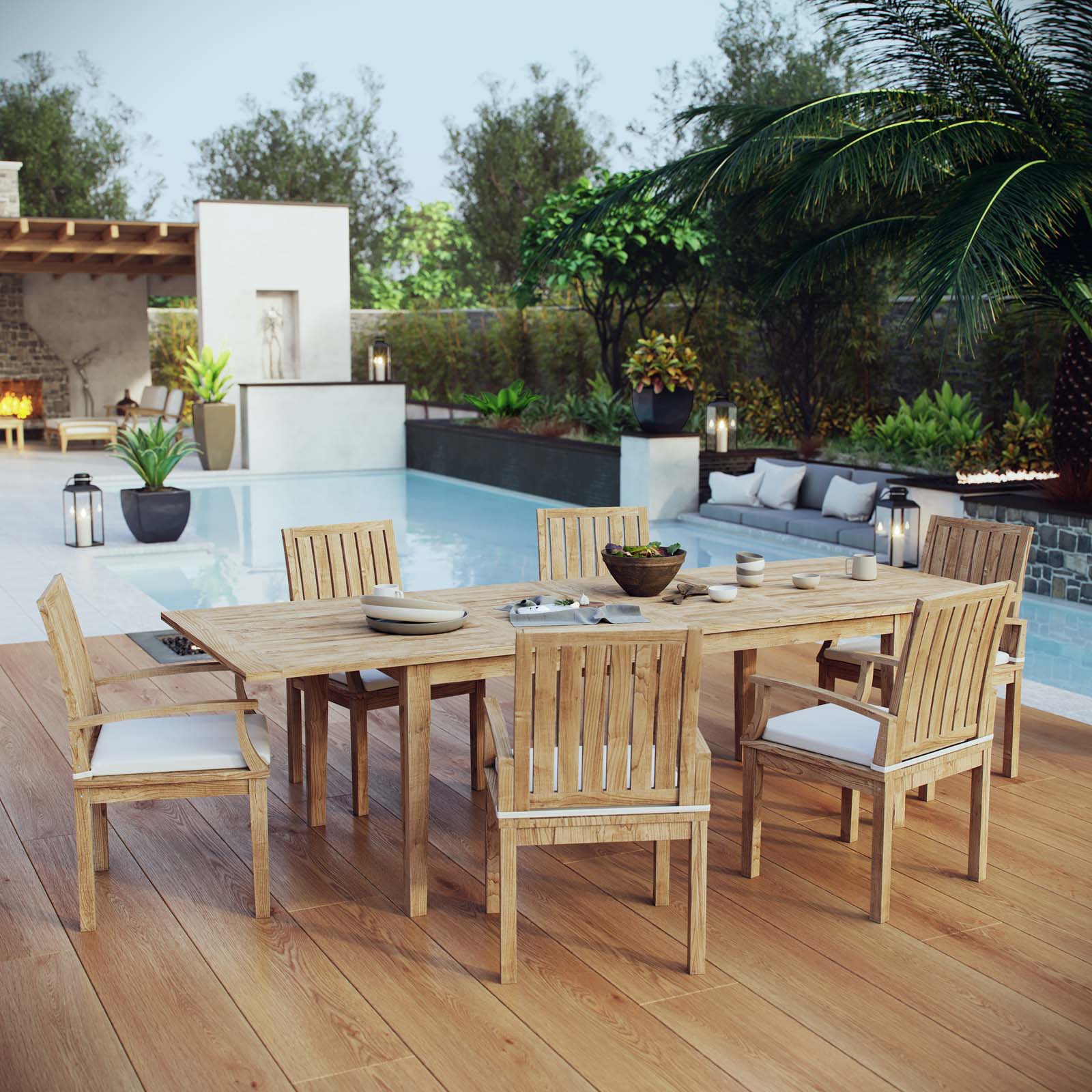 Marina 7 Piece Outdoor Patio Teak Dining Set in Natural White - Image 2