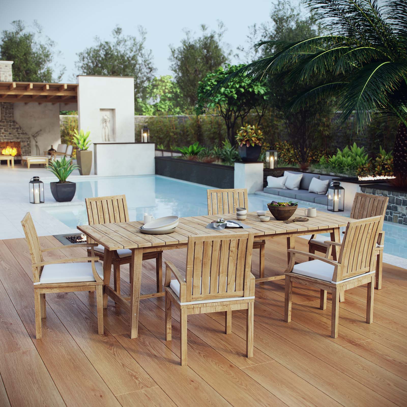 Marina 7 Piece Outdoor Patio Teak Dining Set in Natural White - Image 2