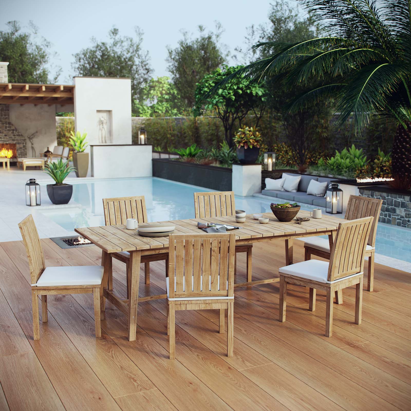 Marina 7 Piece Outdoor Patio Teak Dining Set in Natural White - Image 2