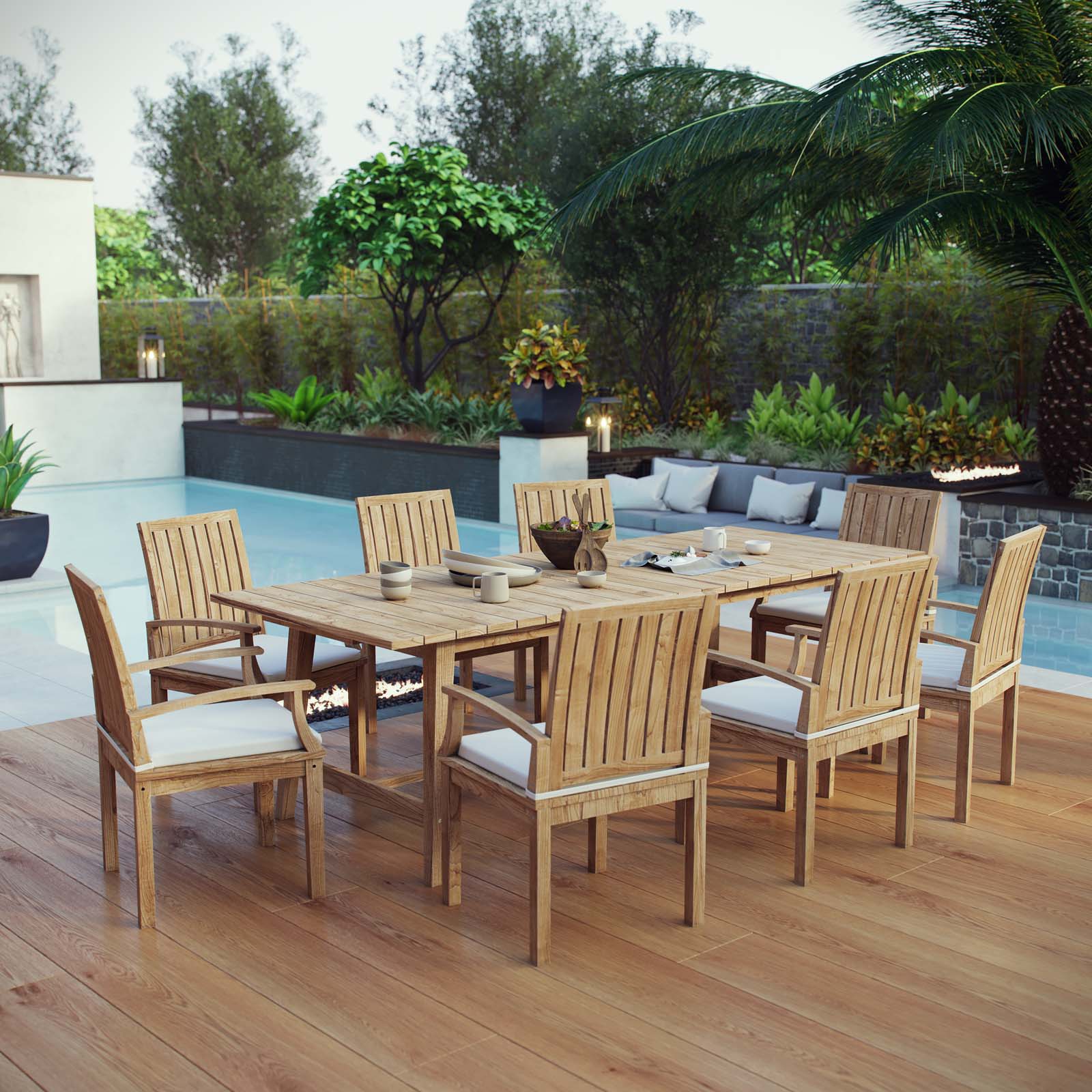 Marina 9 Piece Outdoor Patio Teak Dining Set in Natural White - Image 2