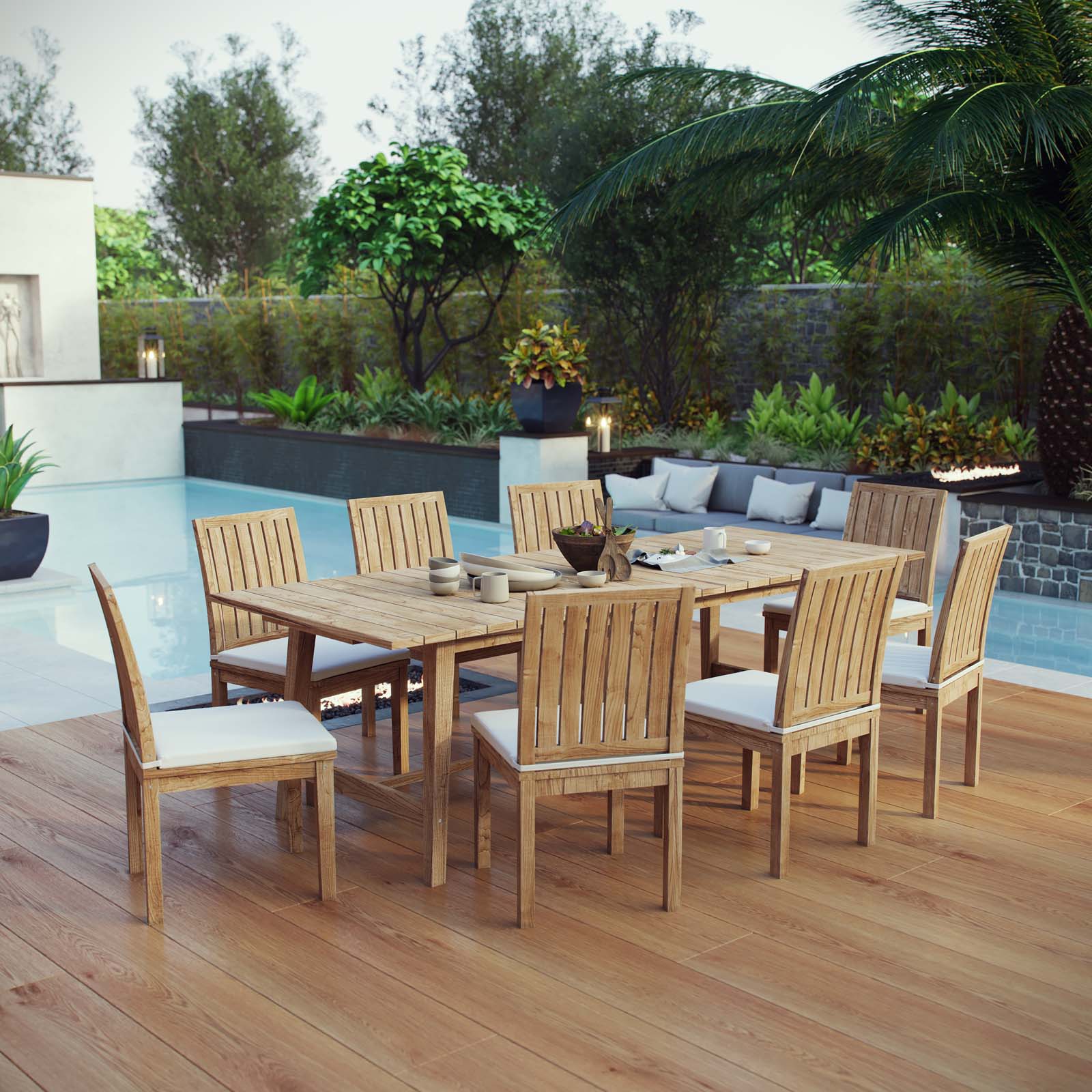 Marina 9 Piece Outdoor Patio Teak Dining Set in Natural White - Image 2