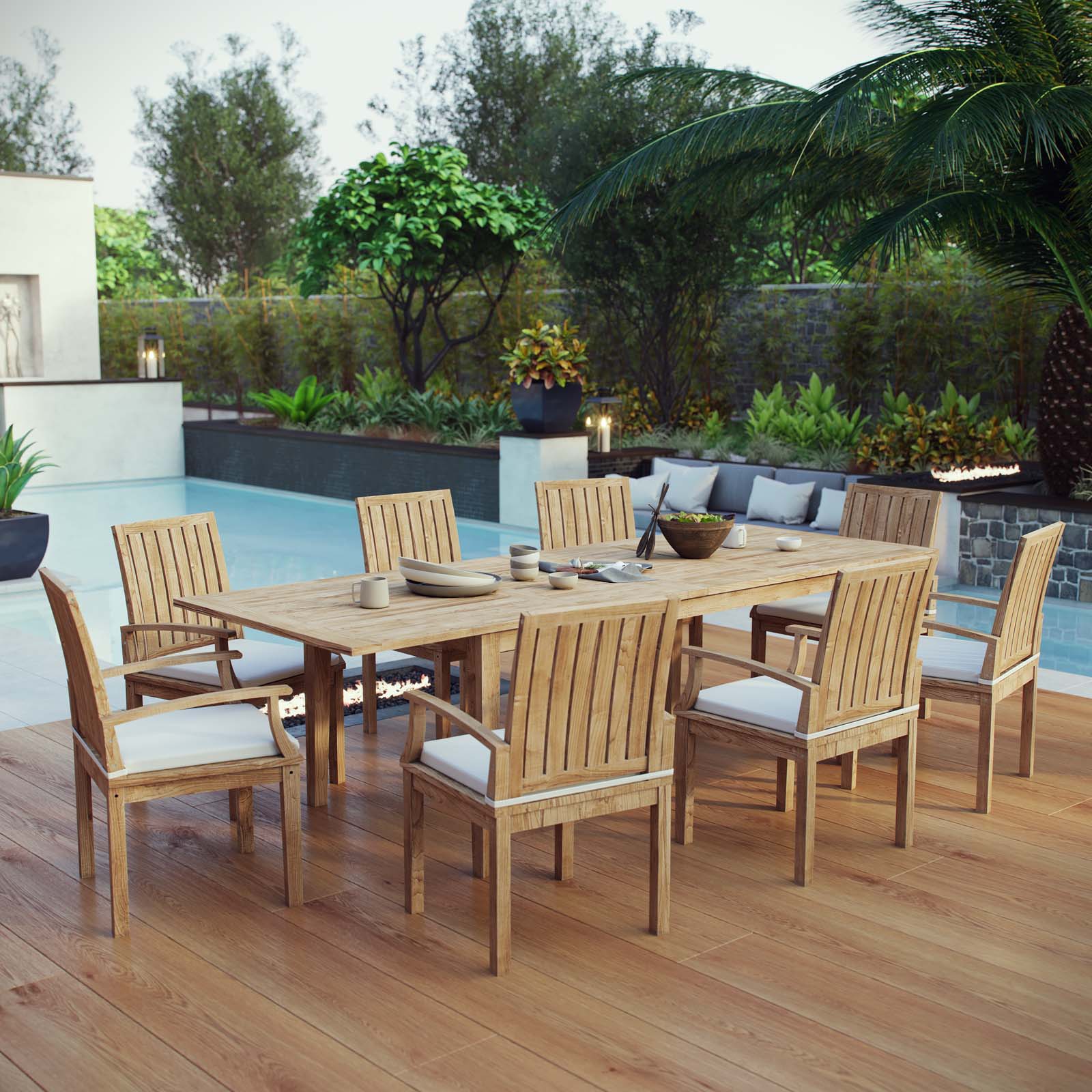 Marina 9 Piece Outdoor Patio Teak Dining Set in Natural White - Image 2