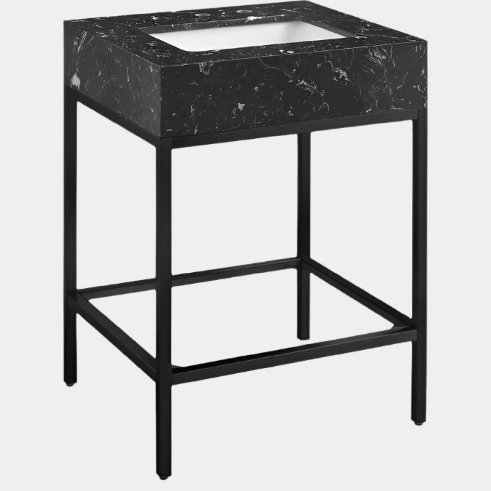 Marmo Engineered Stone Top and Matte Black Base, Steel And Glass Base Vanity