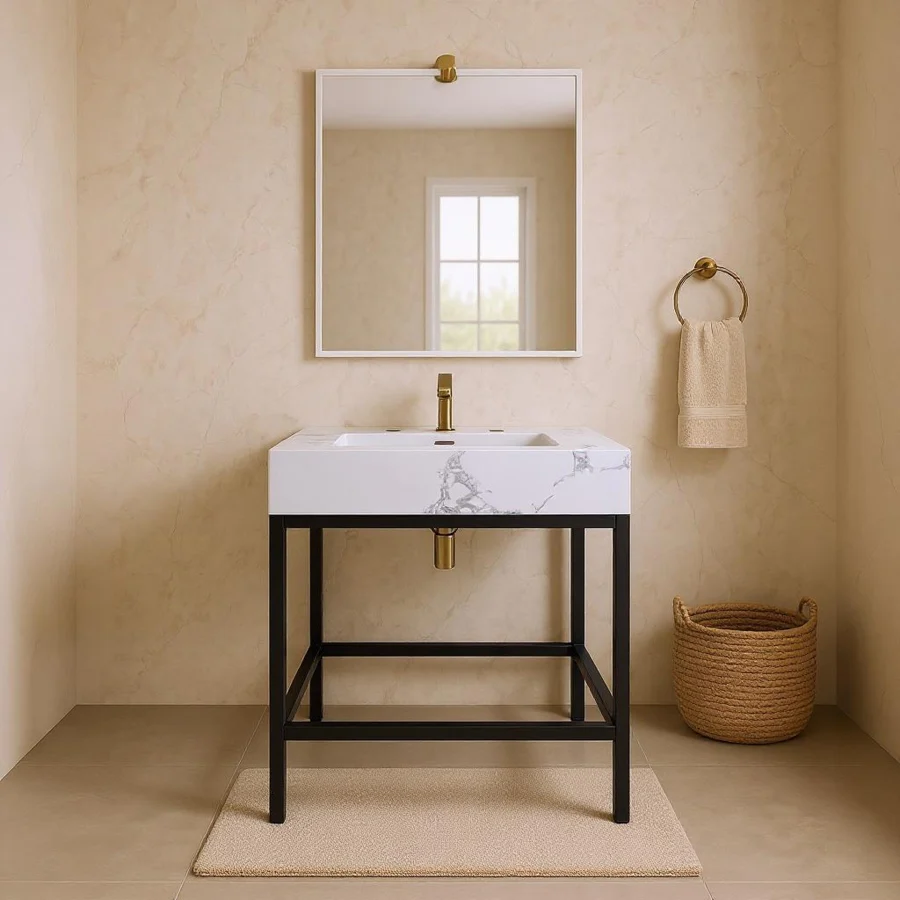 Marmo Engineered Stone Top and Matte Black Base, Steel And Glass Base Vanity - Image 11