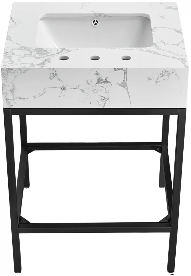 Marmo Engineered Stone Top and Matte Black Base, Steel And Glass Base Vanity - Image 13