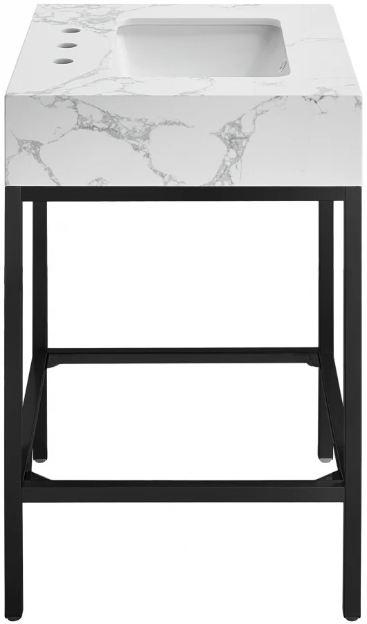Marmo Engineered Stone Top and Matte Black Base, Steel And Glass Base Vanity - Image 14