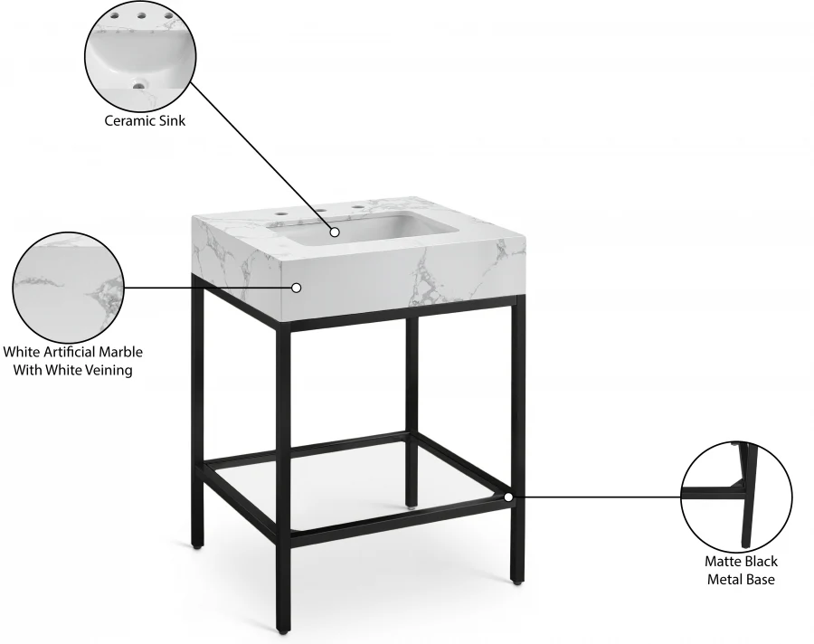 Marmo Engineered Stone Top and Matte Black Base, Steel And Glass Base Vanity - Image 17