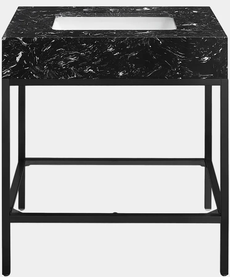 Marmo Engineered Stone Top and Matte Black Base, Steel And Glass Base Vanity - Image 18