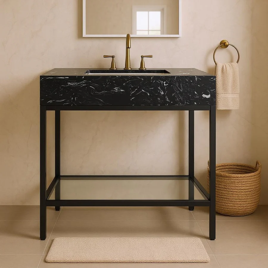 Marmo Engineered Stone Top and Matte Black Base, Steel And Glass Base Vanity - Image 19