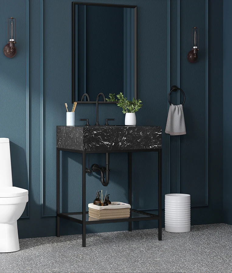 Marmo Engineered Stone Top and Matte Black Base, Steel And Glass Base Vanity - Image 2